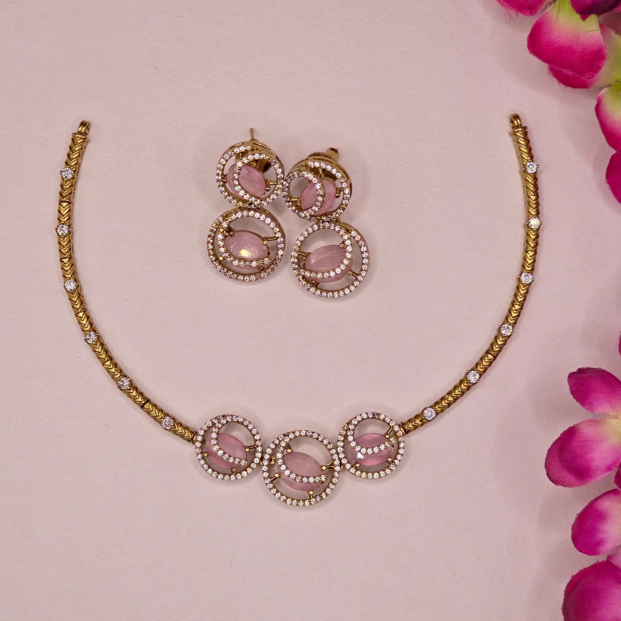 Elegant Pink Crystal Victorian Designer Necklace Set