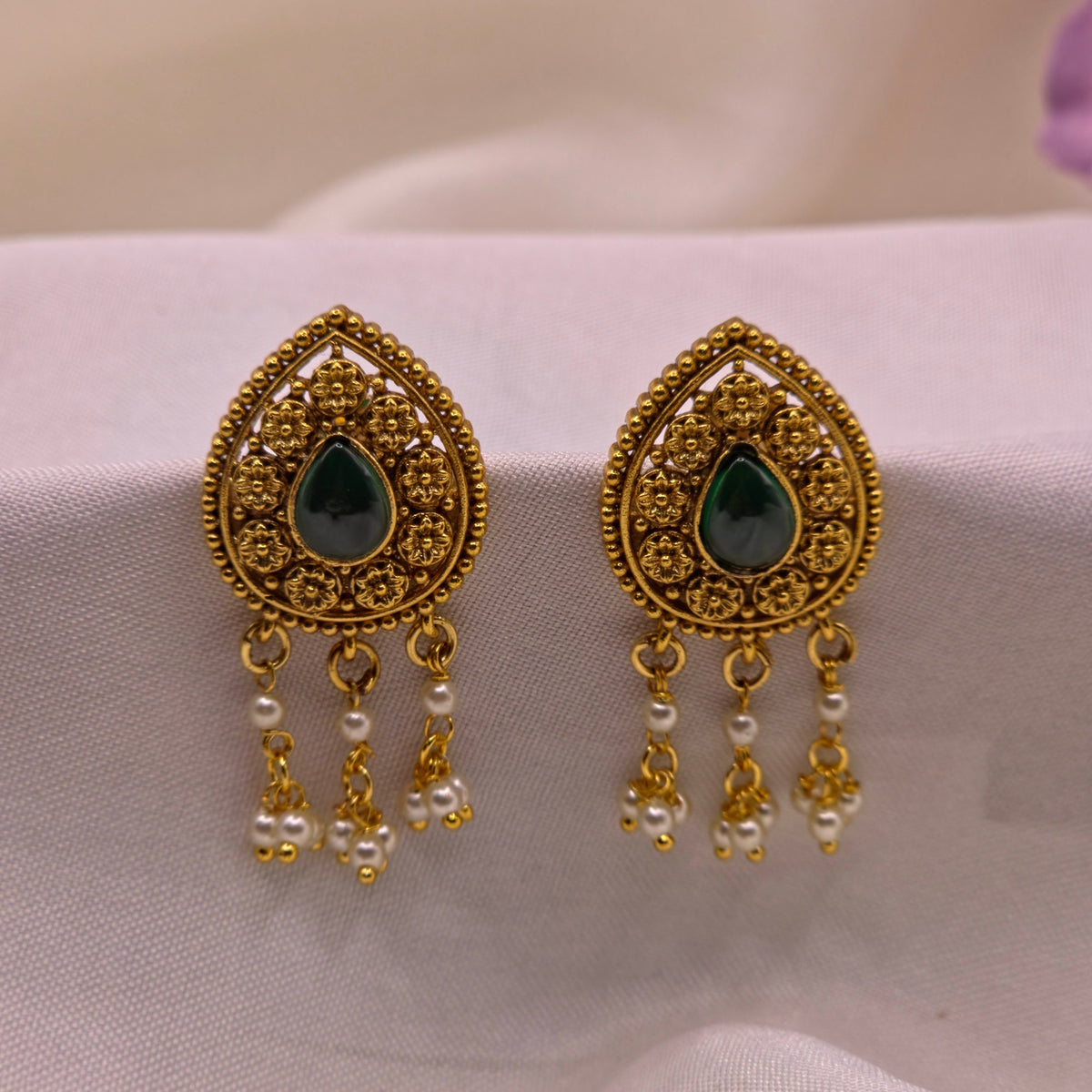 Emerald Floral Pearl Drop Earrings