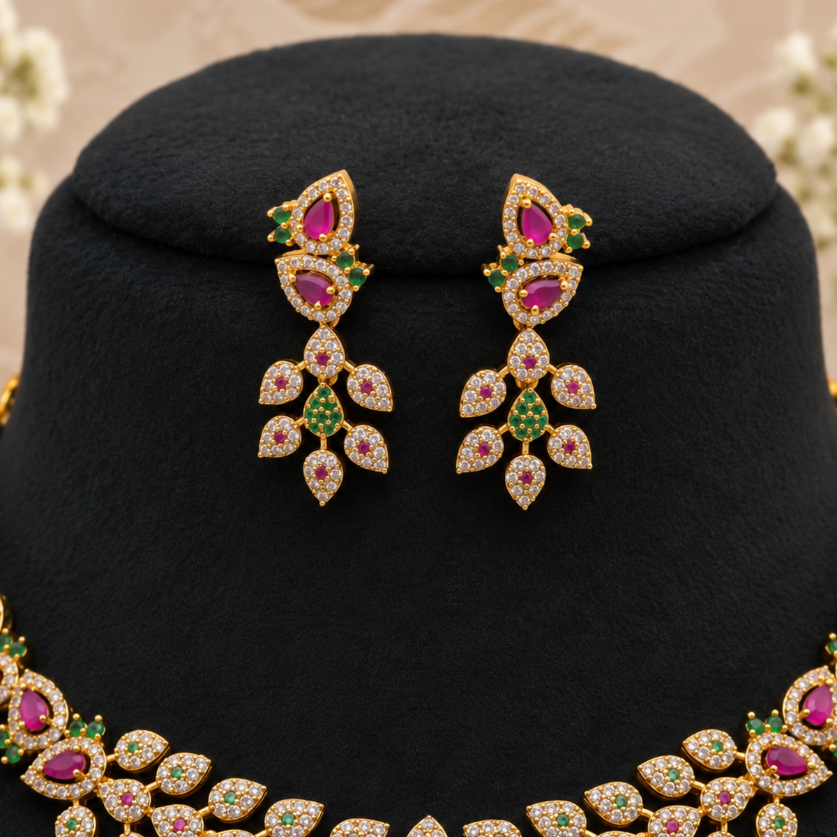 Ruby Emerald Leaf Necklace Set