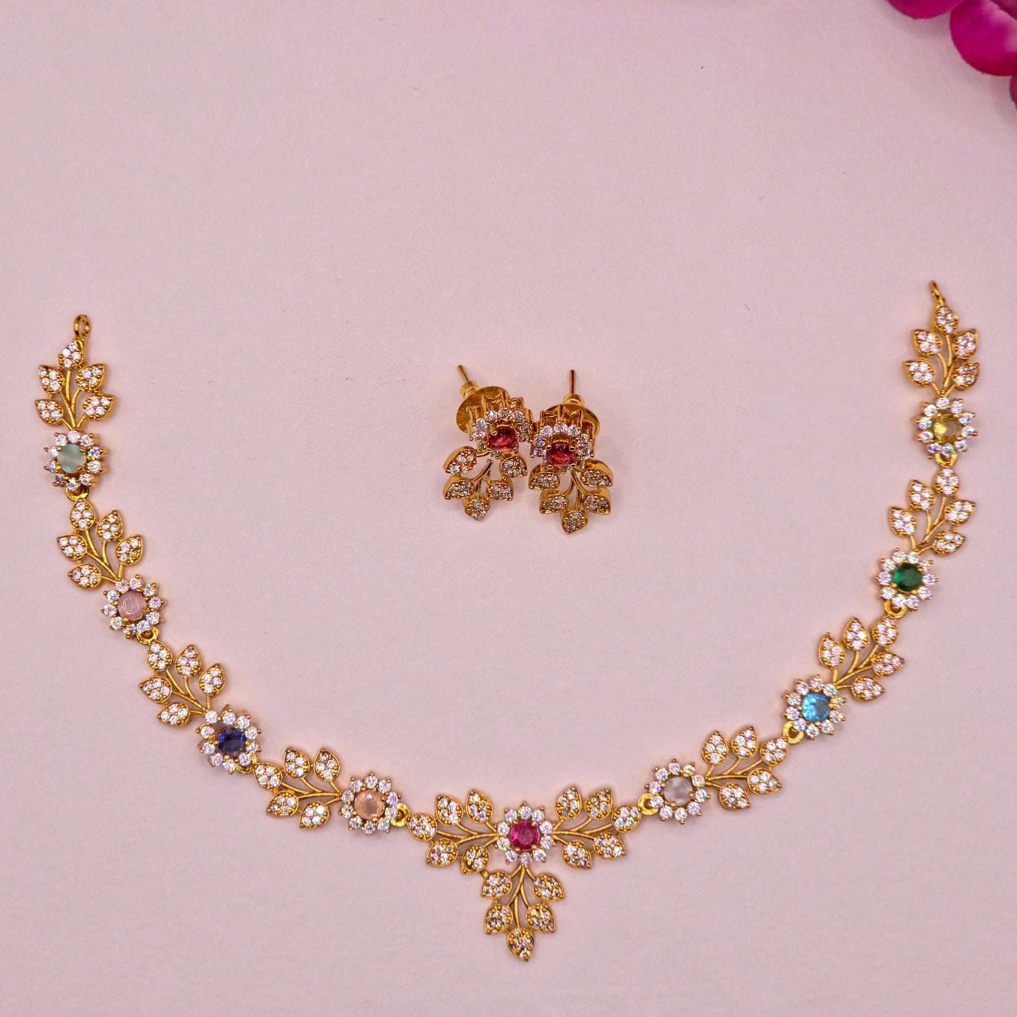 Multistone Floral Leaf Necklace Set