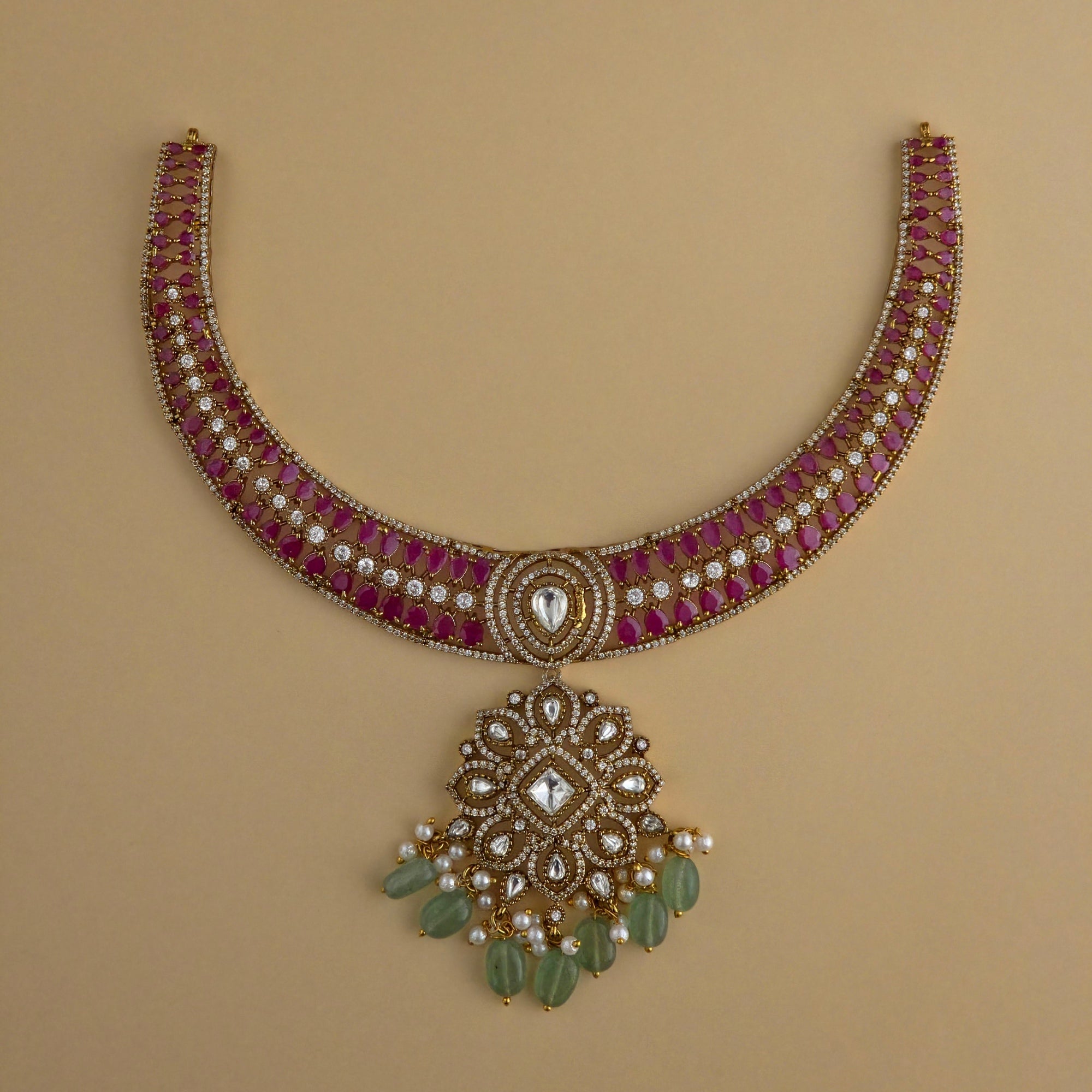Ruby Pink Antique Victorian Hasli Set with Mint Beads