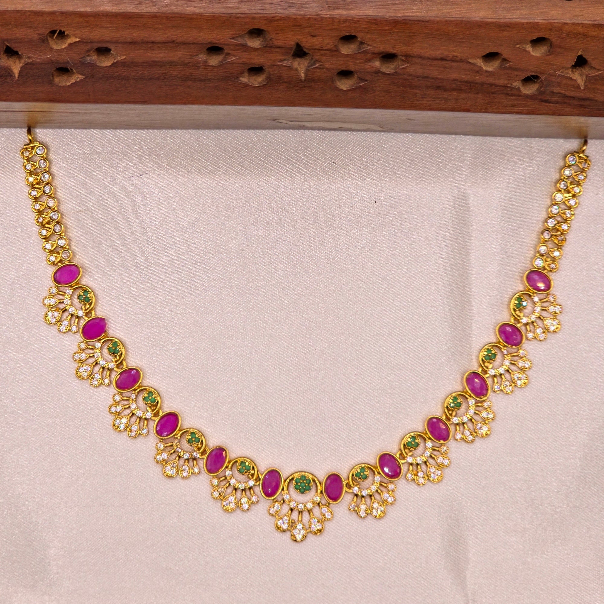 Ruby Emerald CZ Fan Necklace Set