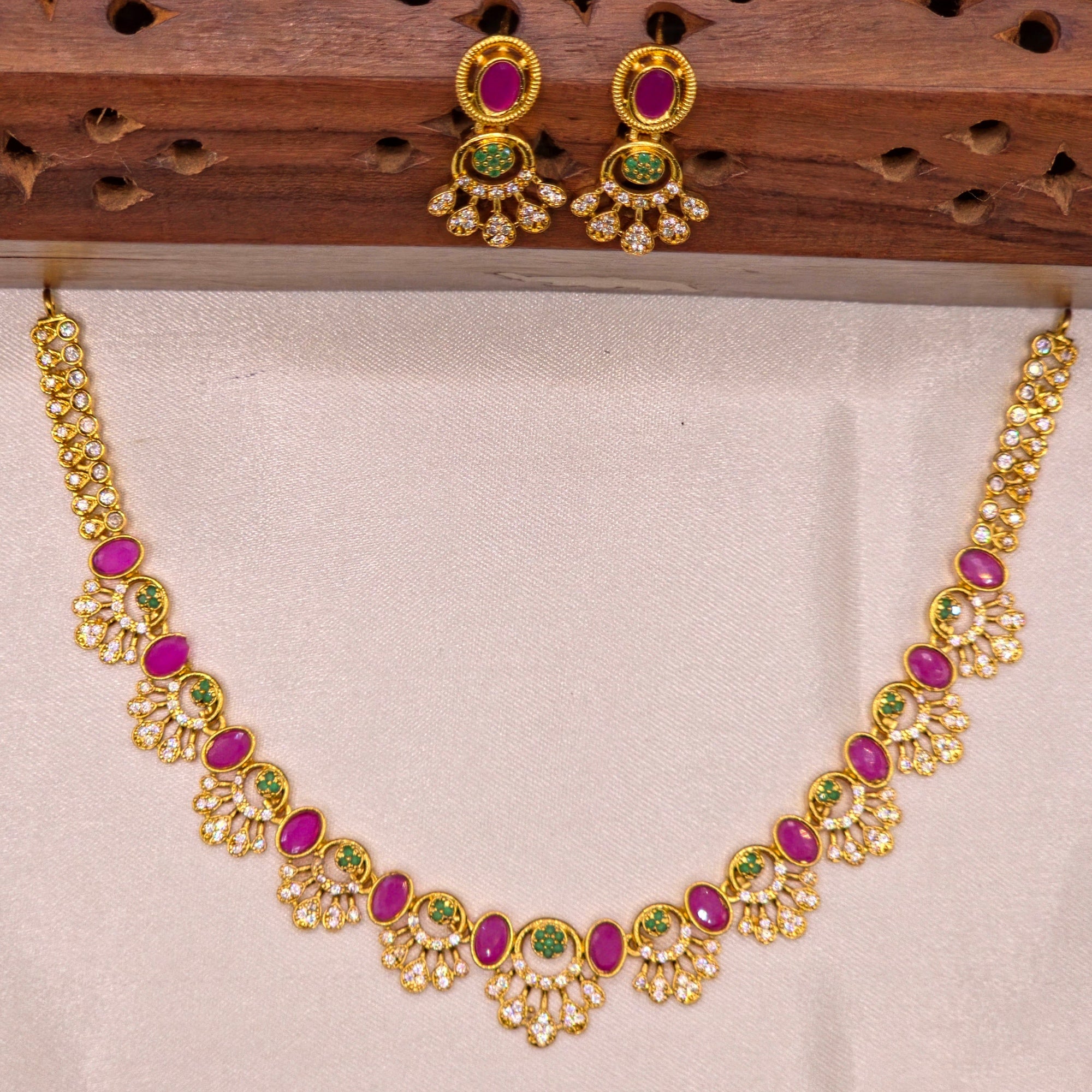 Ruby Emerald CZ Fan Necklace Set