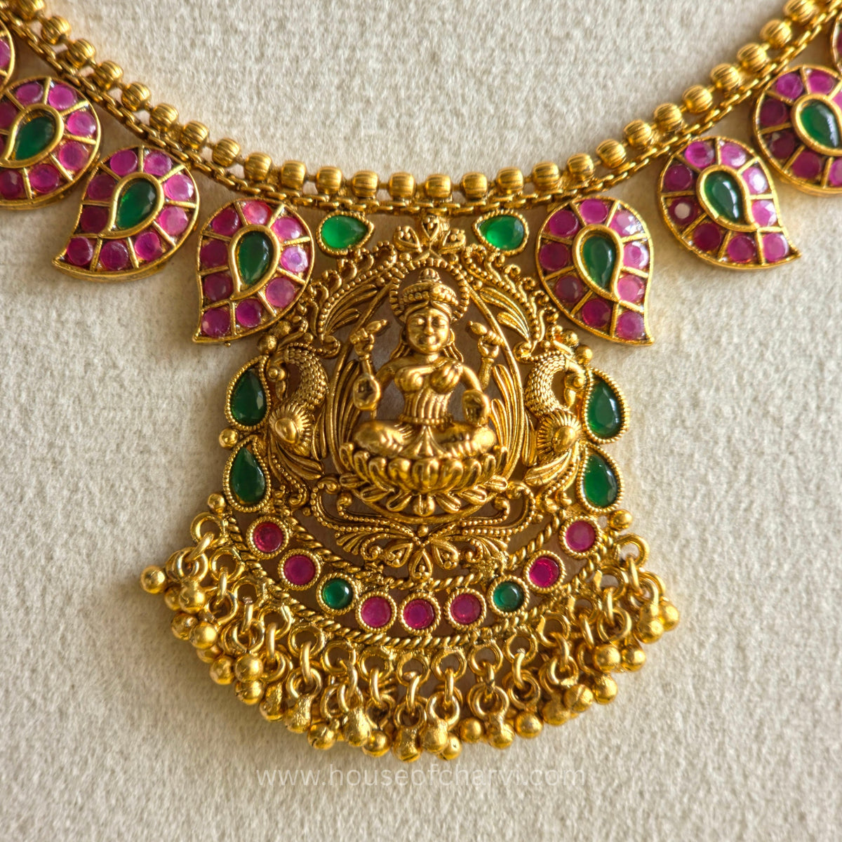 Ruby & Green Lakshmi Temple Necklace Set