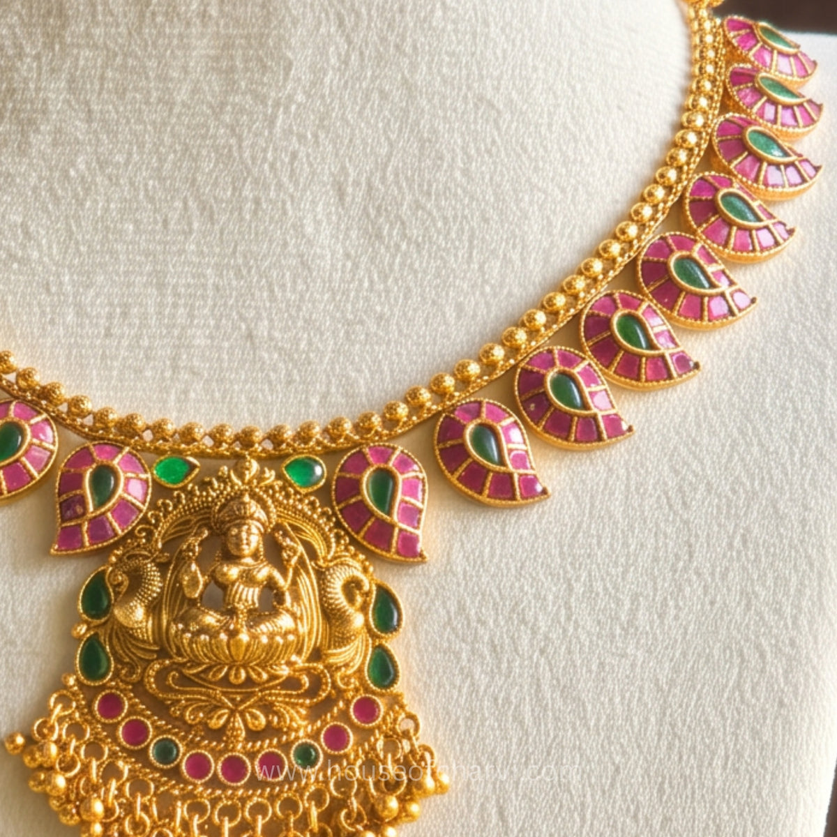 Ruby & Green Lakshmi Temple Necklace Set