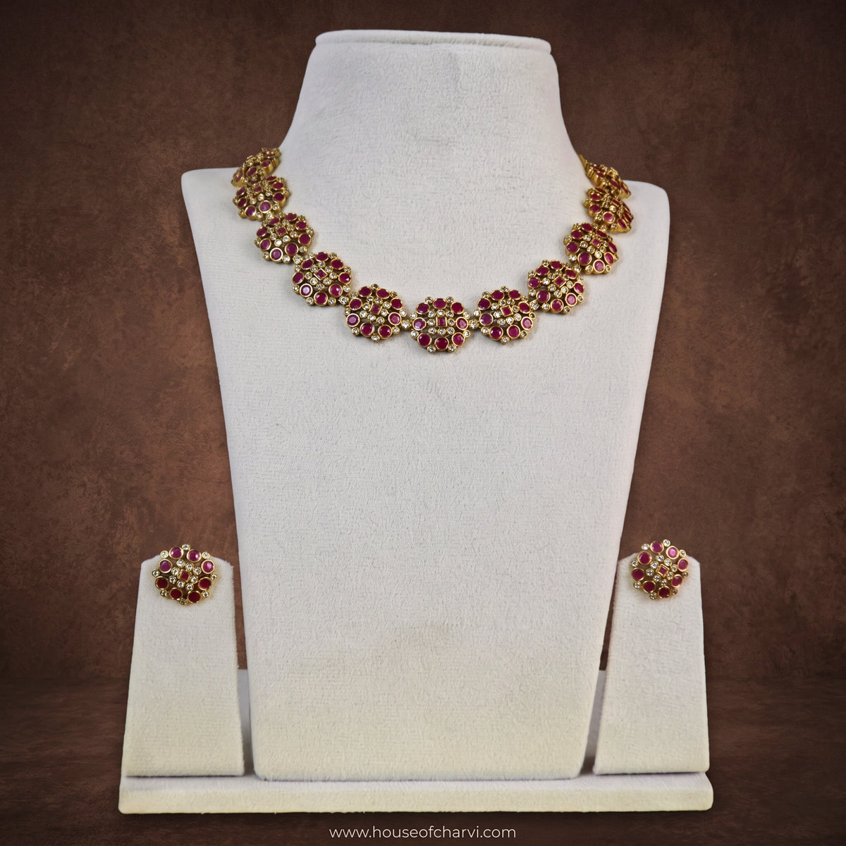 Ruby Stone Floral Necklace Set