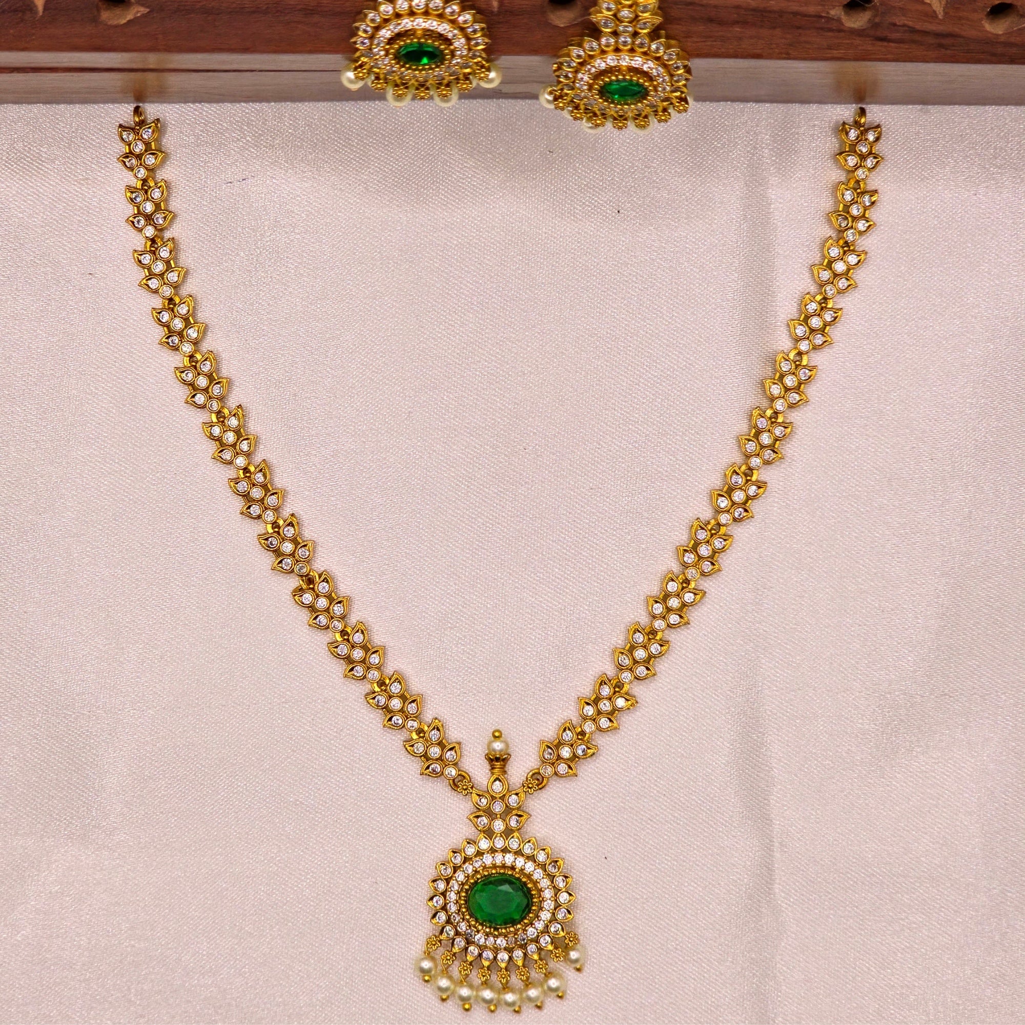 Emerald CZ Lotus Haaram Chandbali Set