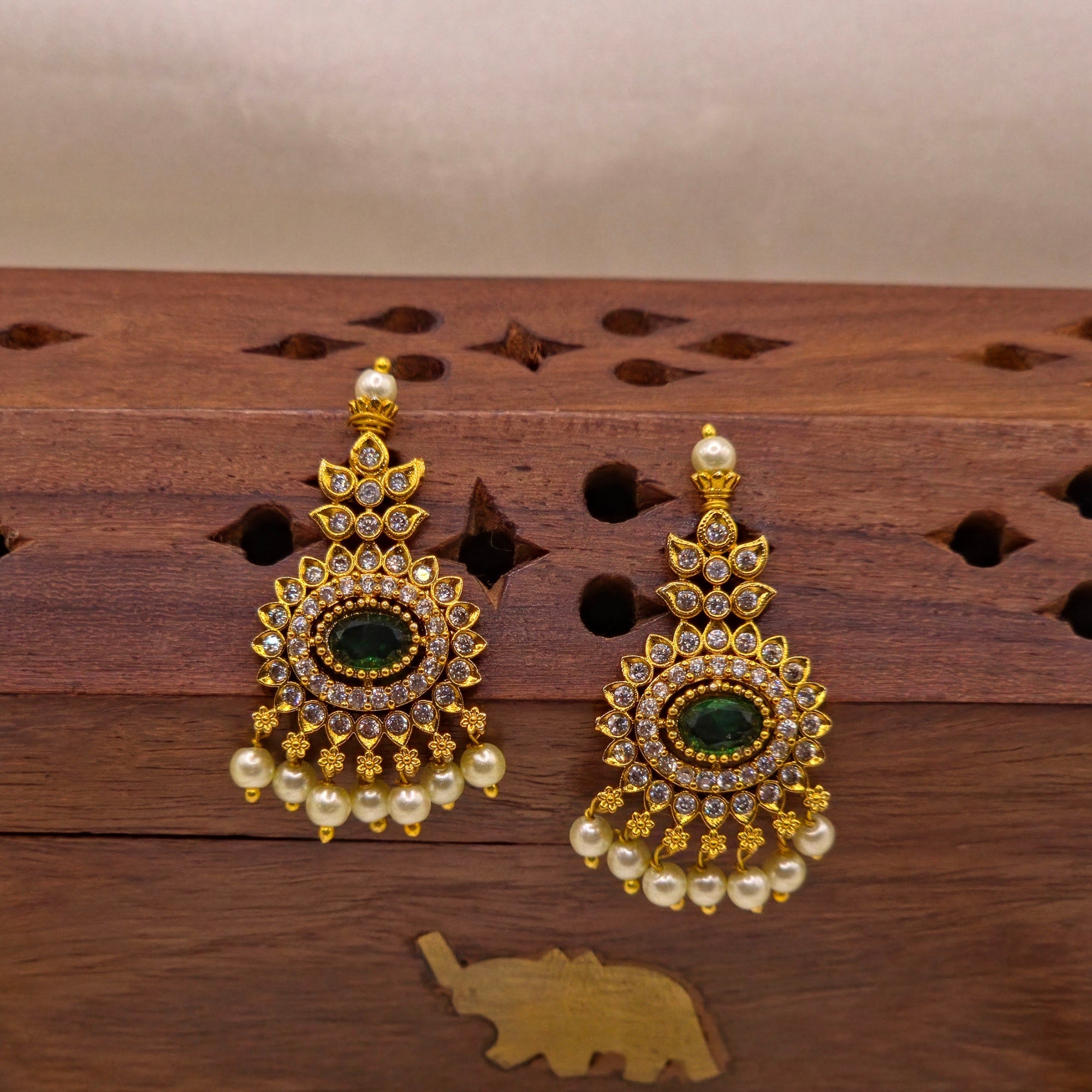 Emerald CZ Lotus Haaram Chandbali Set
