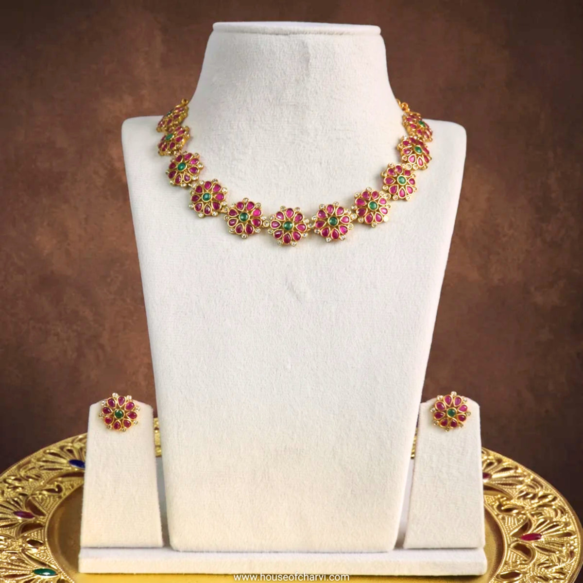 Ruby Emerald Floral Kundan Necklace Set
