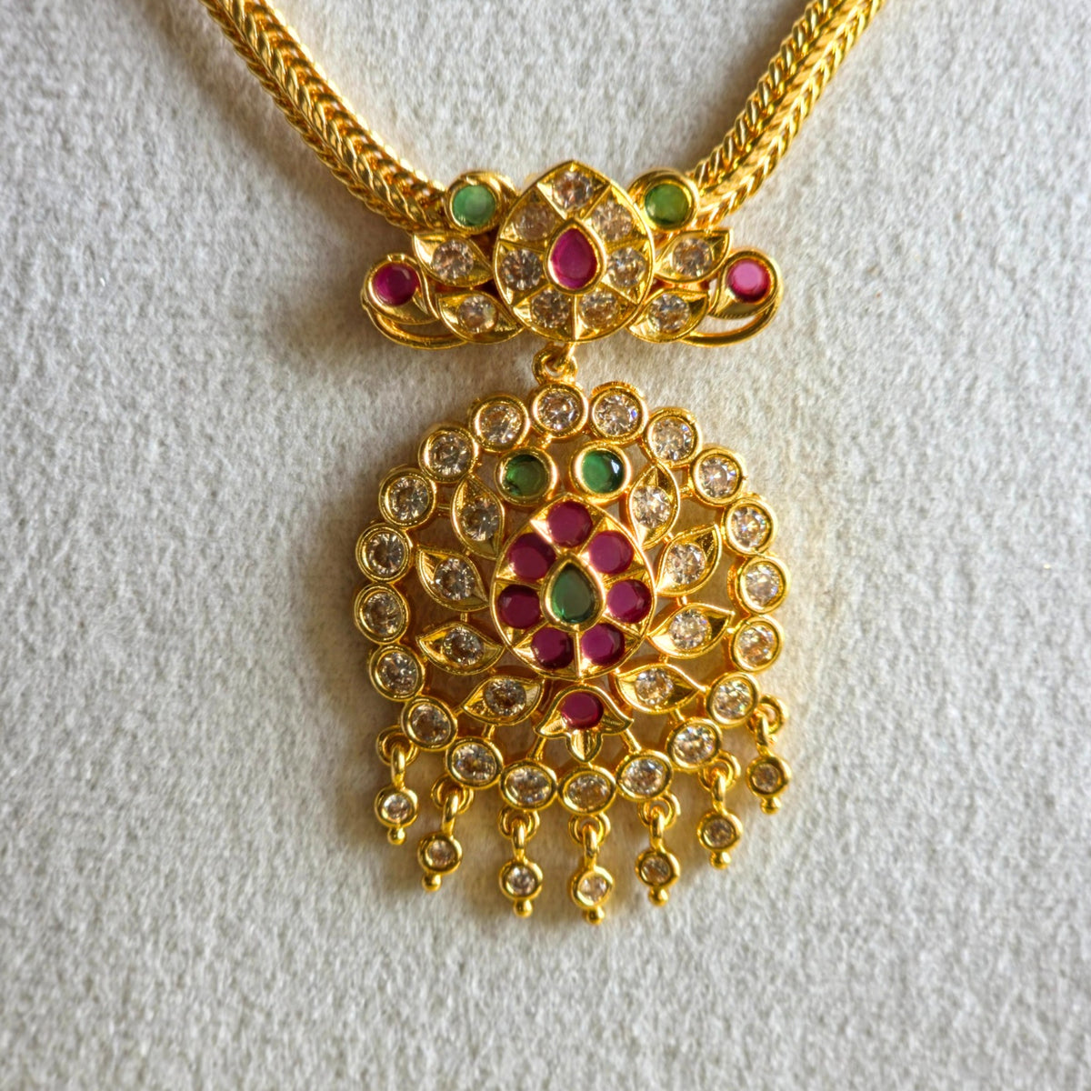 Ruby Emerald Floral Pendant Attigai Necklace