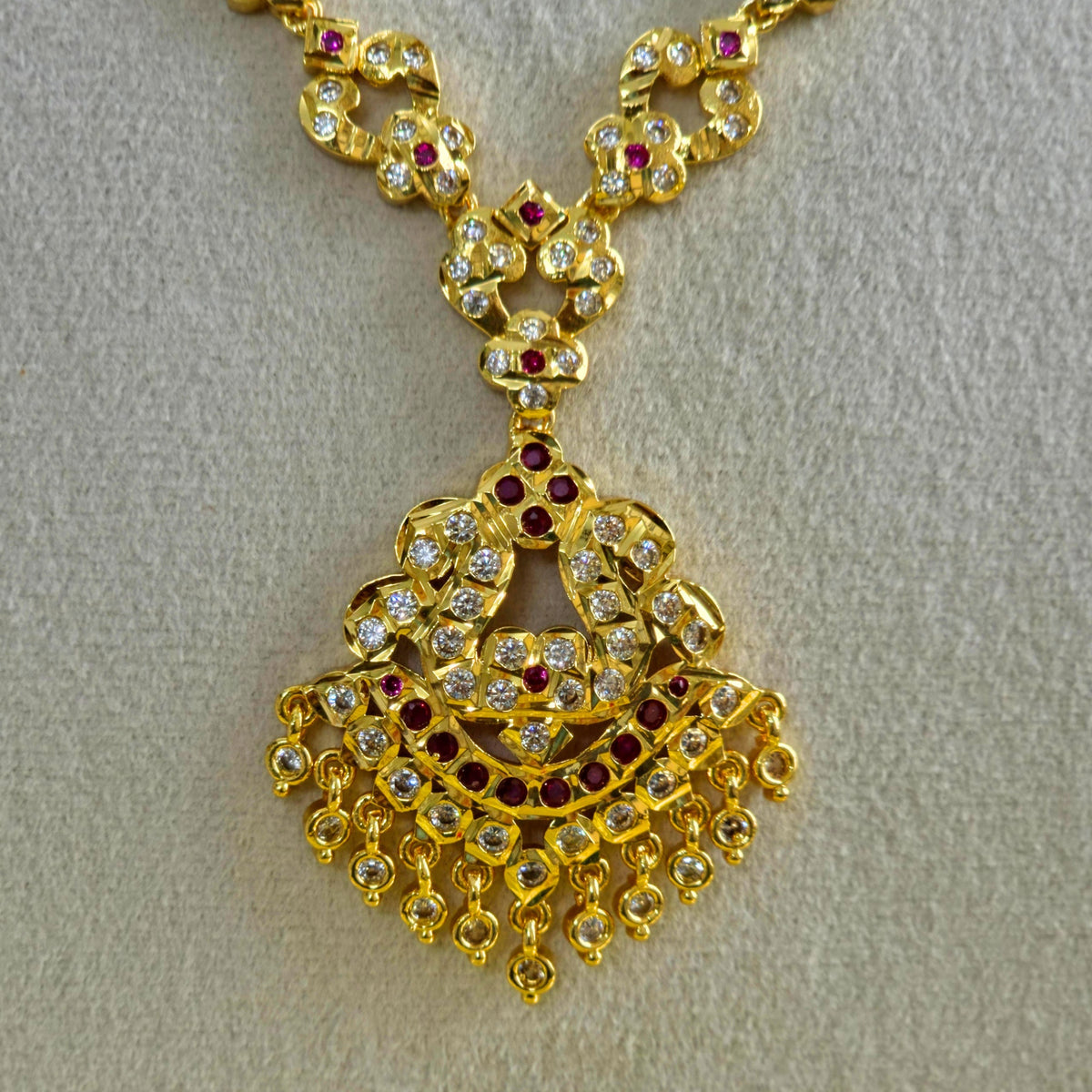 Antique Gold Ruby CZ Floral Necklace
