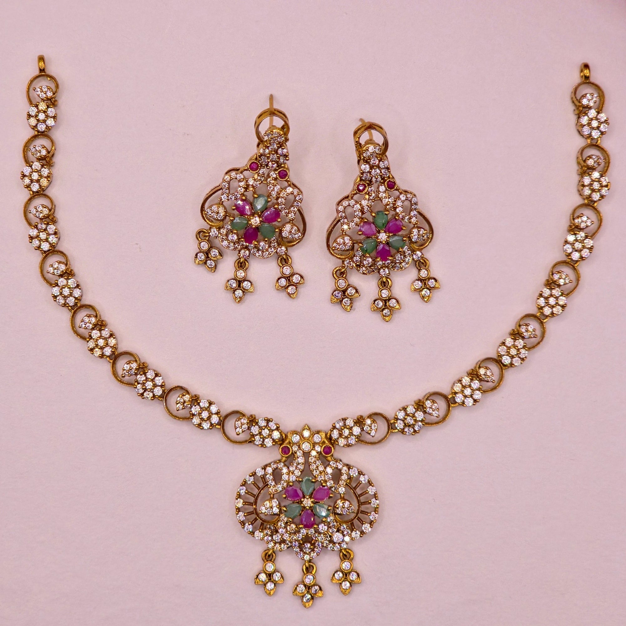 Ruby Emerald Floral Necklace Set