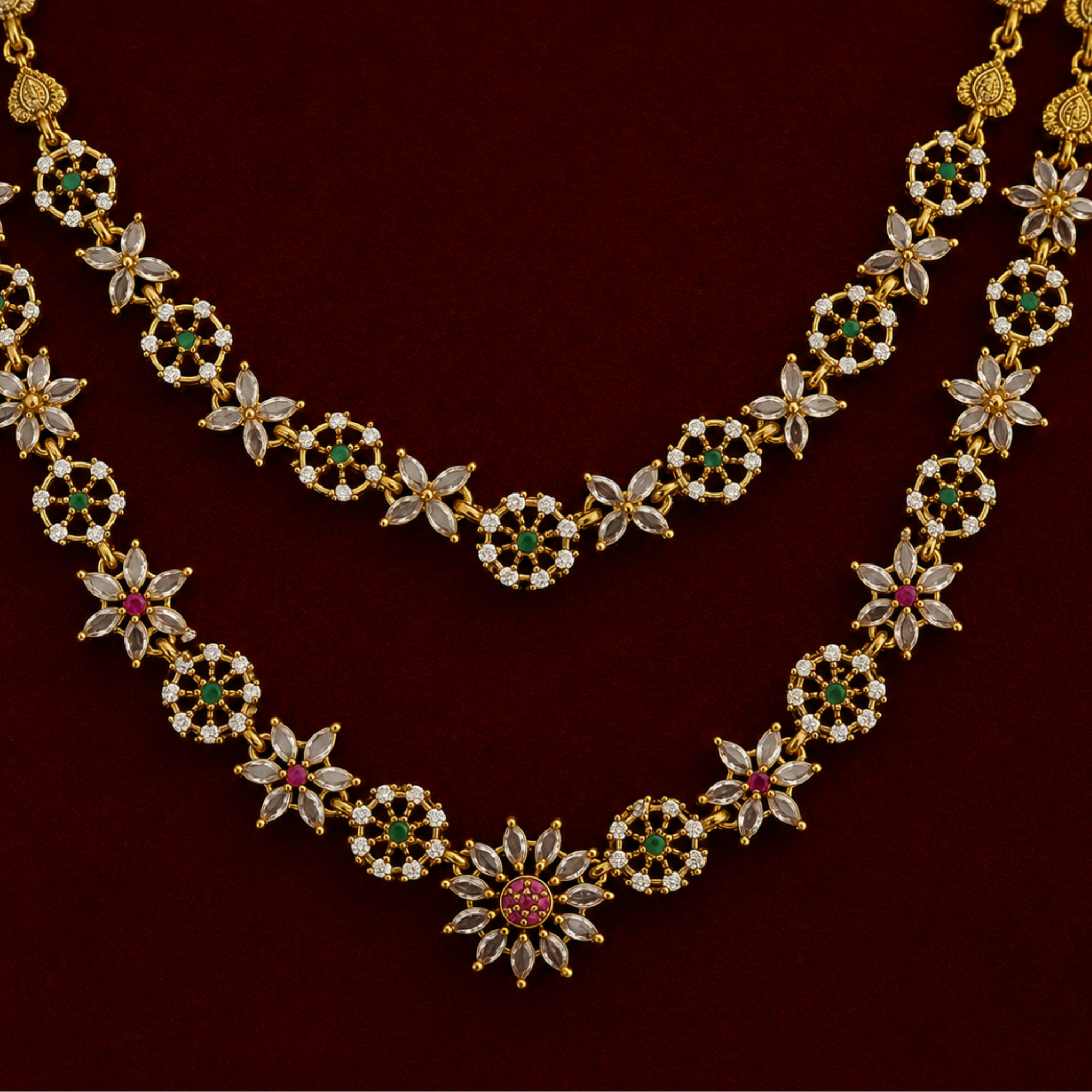 Floral Dual-Layer CZ Necklace Set