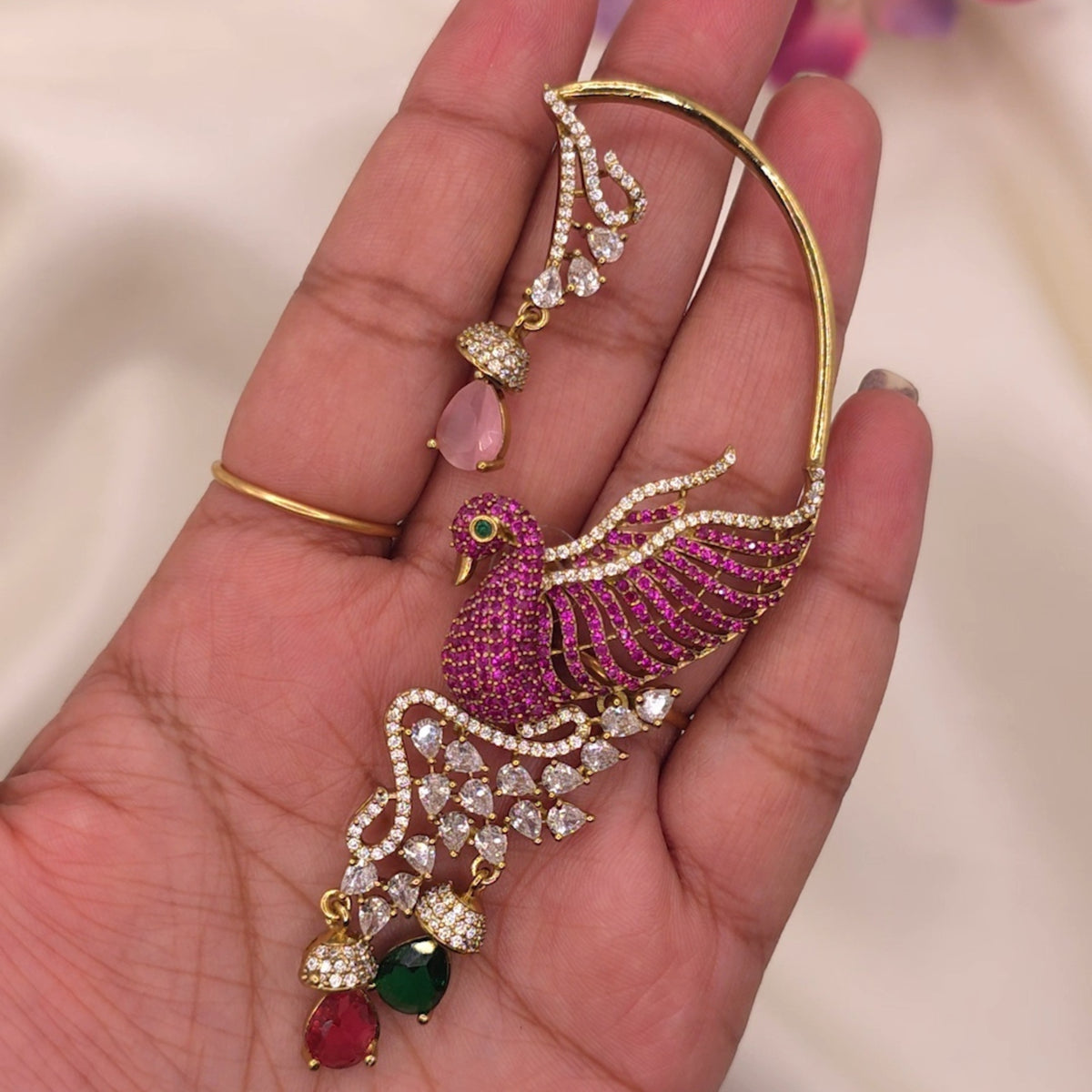 Royal Peacock Pink & Green CZ Earrings