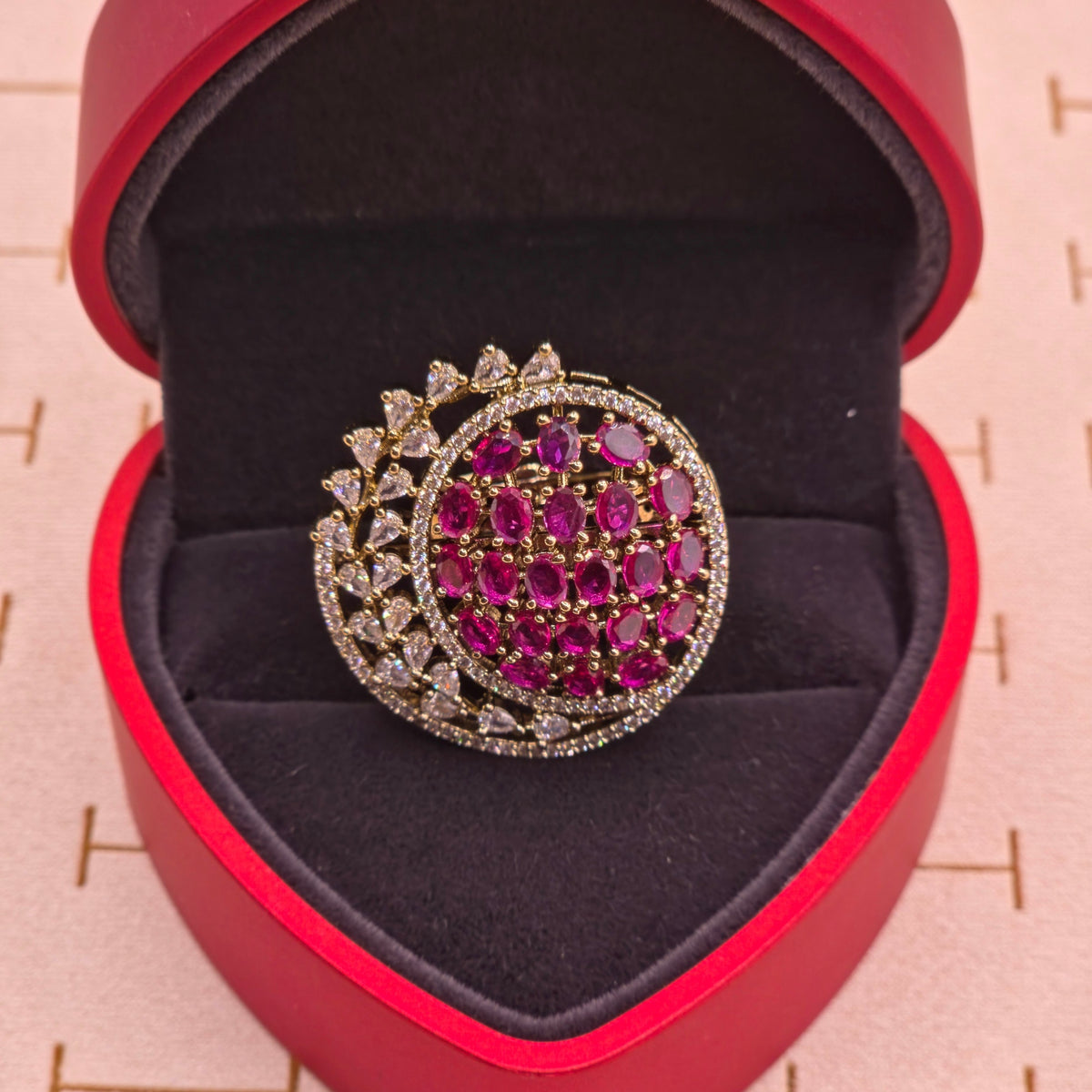 Magenta Floral Lattice Statement Ring
