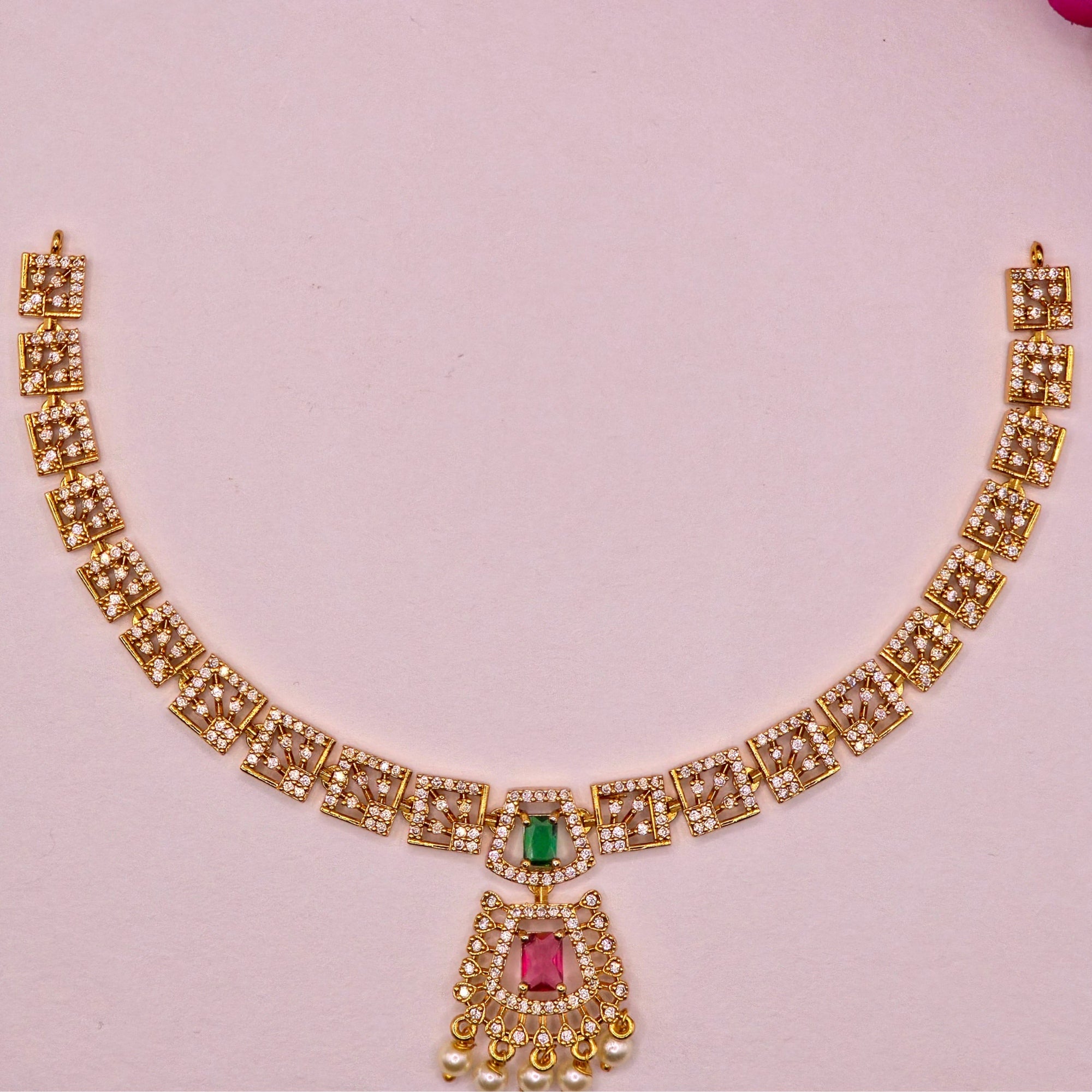 Ruby Emerald Geometric Necklace Set