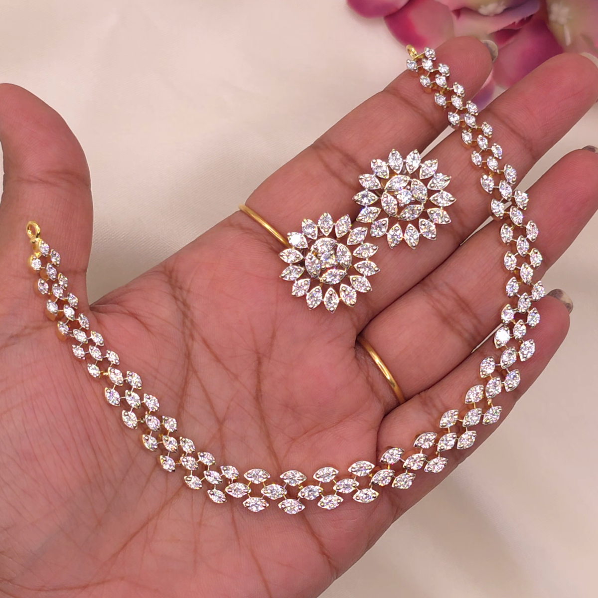 Diamond Leaf Floral Necklace Set