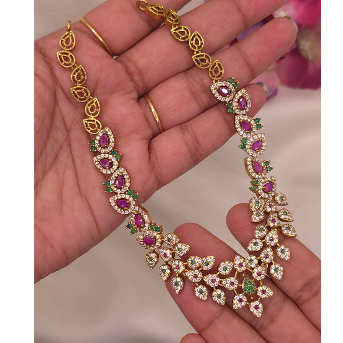 Ruby Emerald Leaf Necklace Set