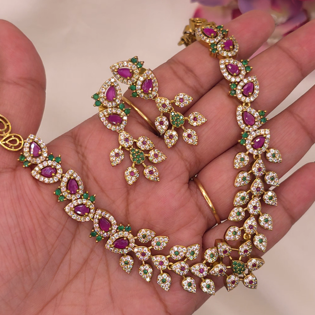 Ruby Emerald Leaf Necklace Set