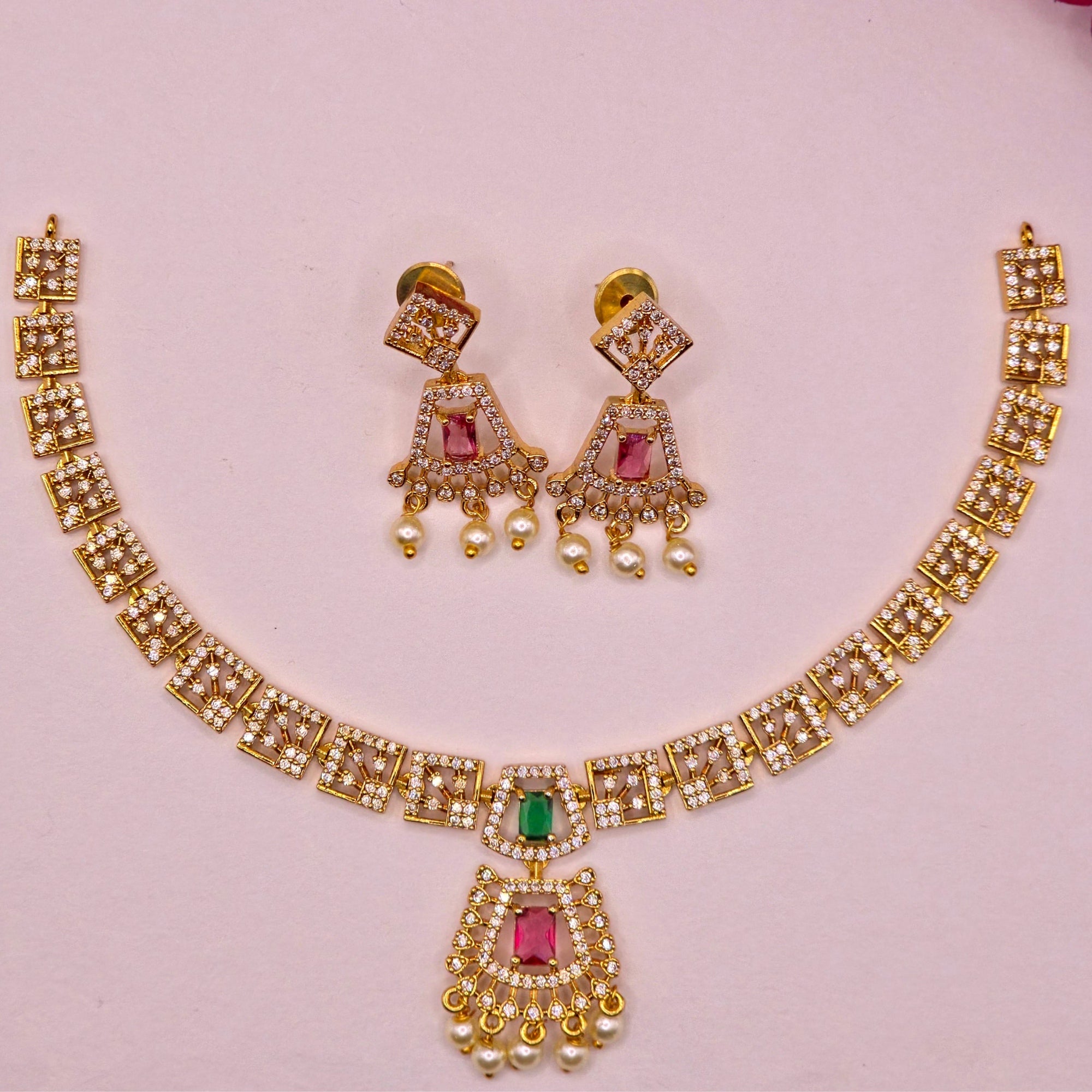 Ruby Emerald Geometric Necklace Set