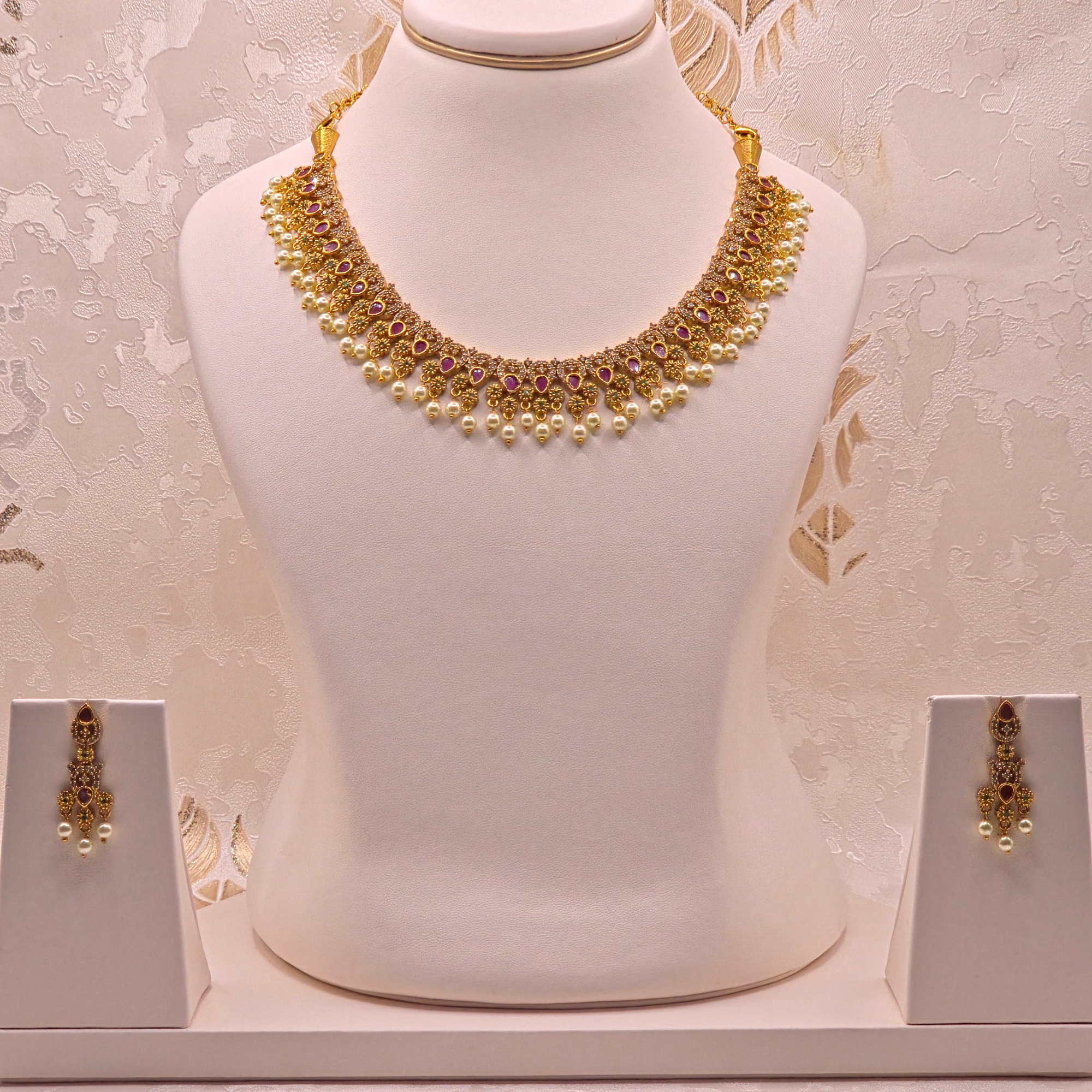 Ruby & Pearl Antique Gold Choker Set