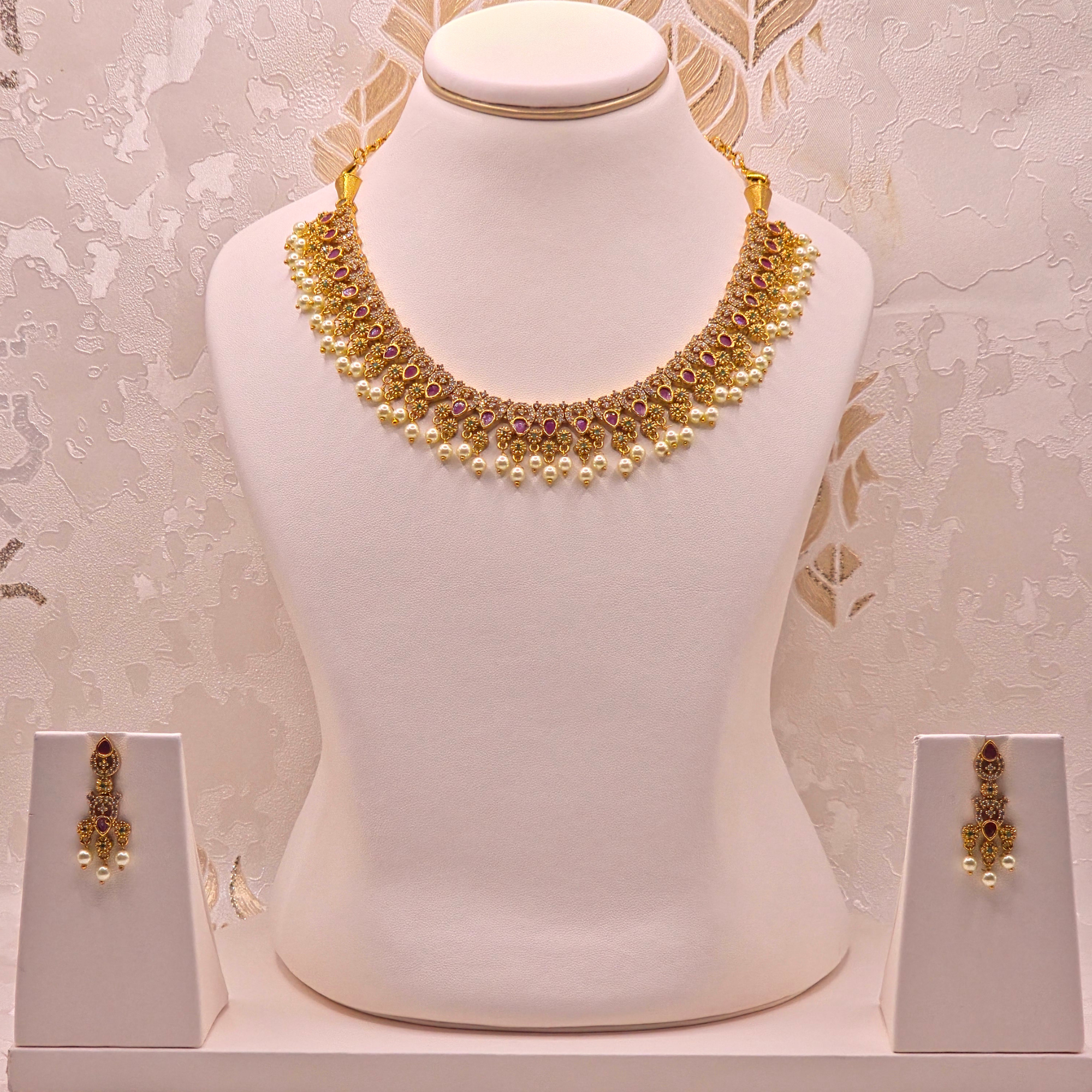Ruby & Pearl Antique Gold Choker Set