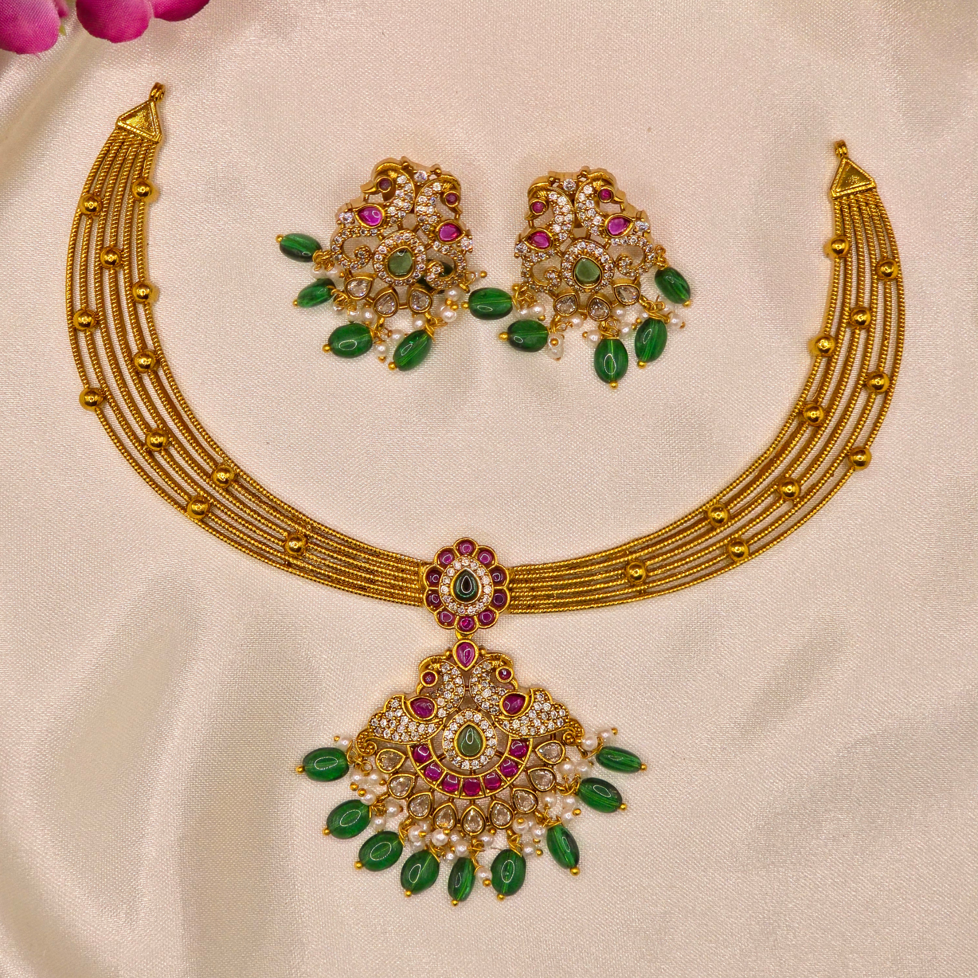 Ruby Emerald Kanti/Hasli Necklace Set