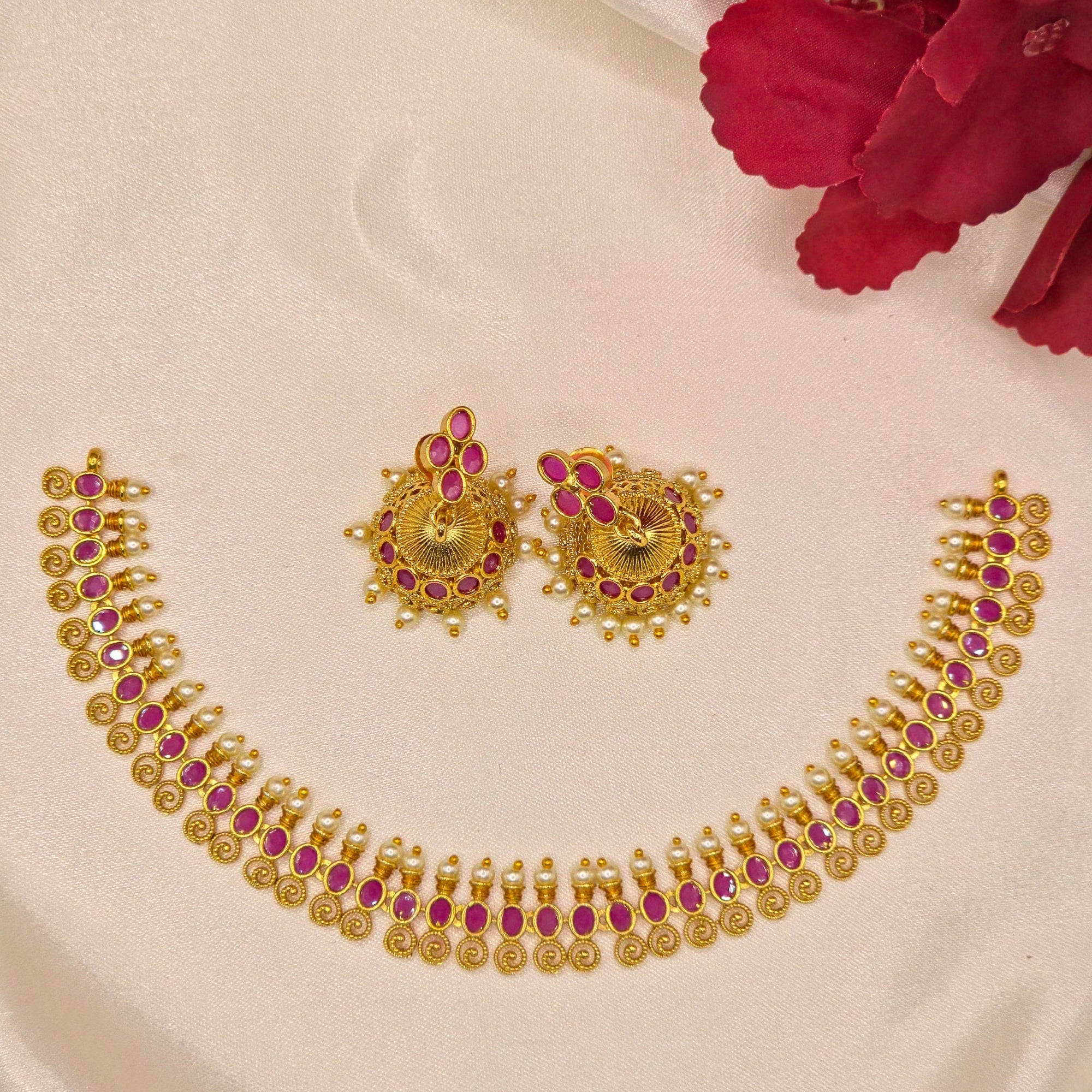 Ruby Pearl Antique Jhumka Set