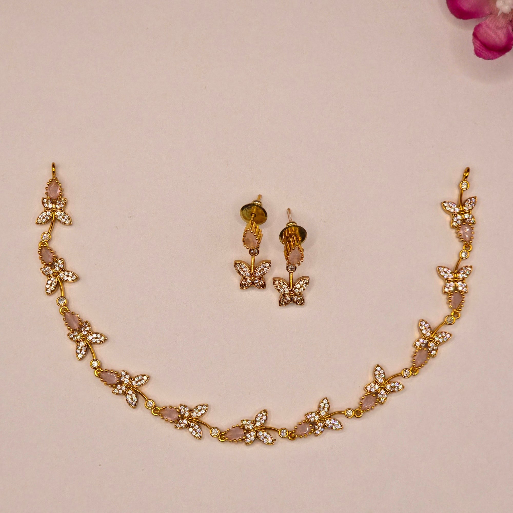CZ Butterfly Rose Quartz Drop Earrings
