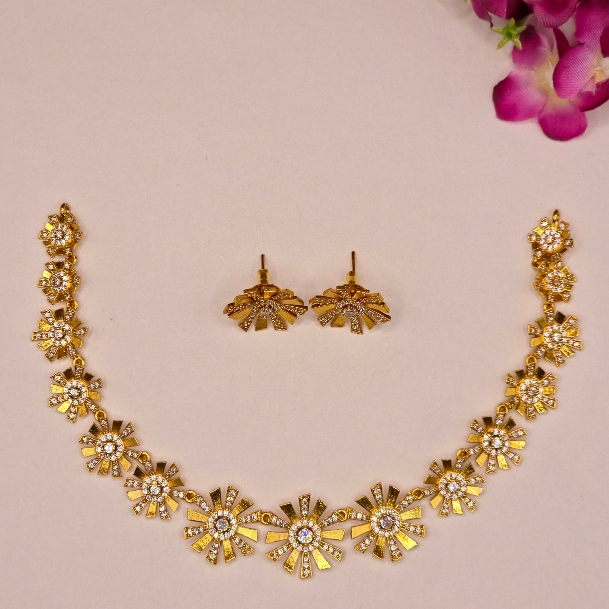 CZ Sunburst Starburst Necklace Set