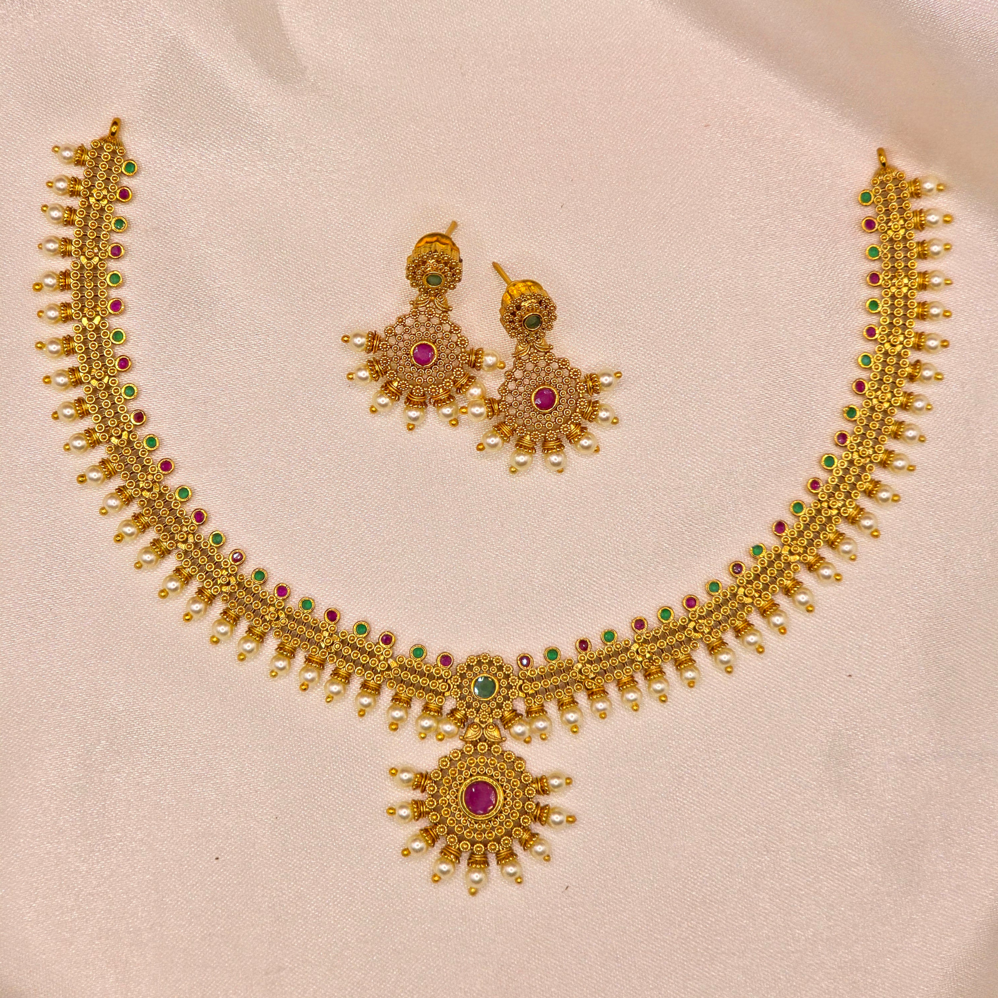 Ruby Emerald Pearl Antique Set