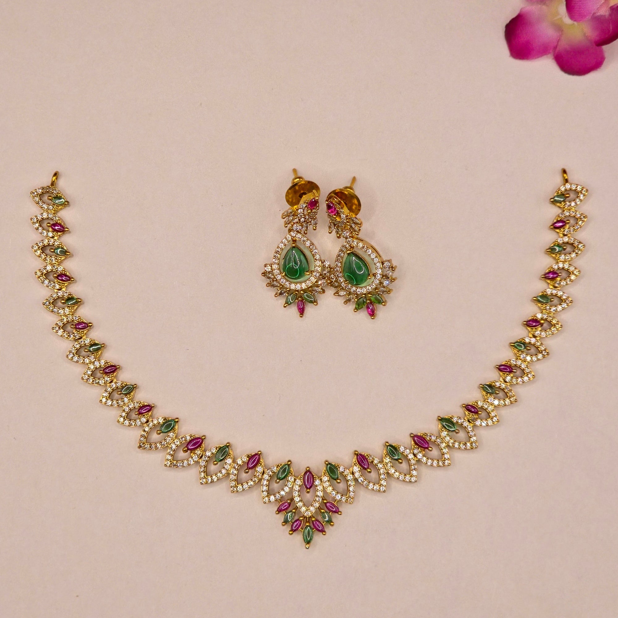 Emerald Ruby Navette Necklace Set