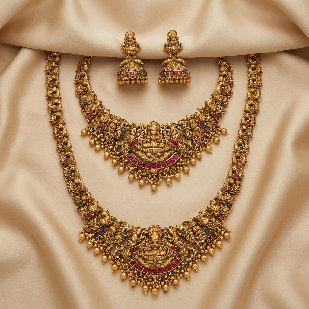 Lakshmi Ruby Temple Bridal Combo Set