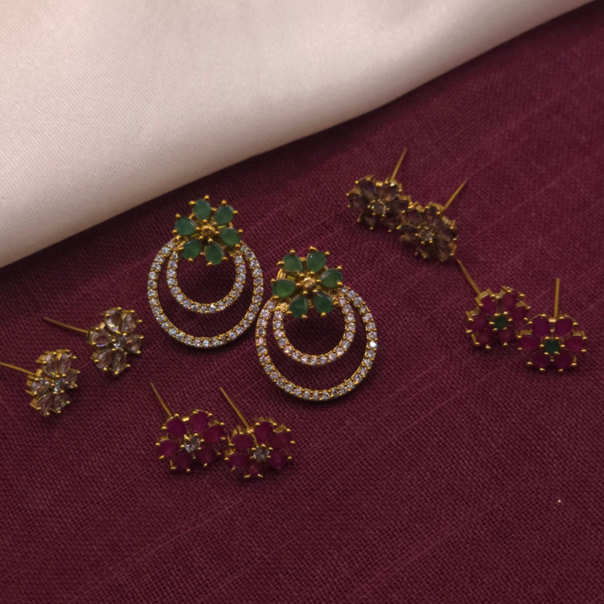 Floral CZ Stud Earrings Combo Set (Set of 5)