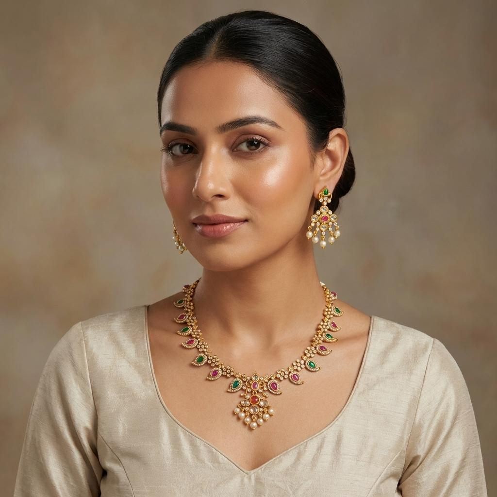 Ruby Emerald Paisley Kundan Neckset