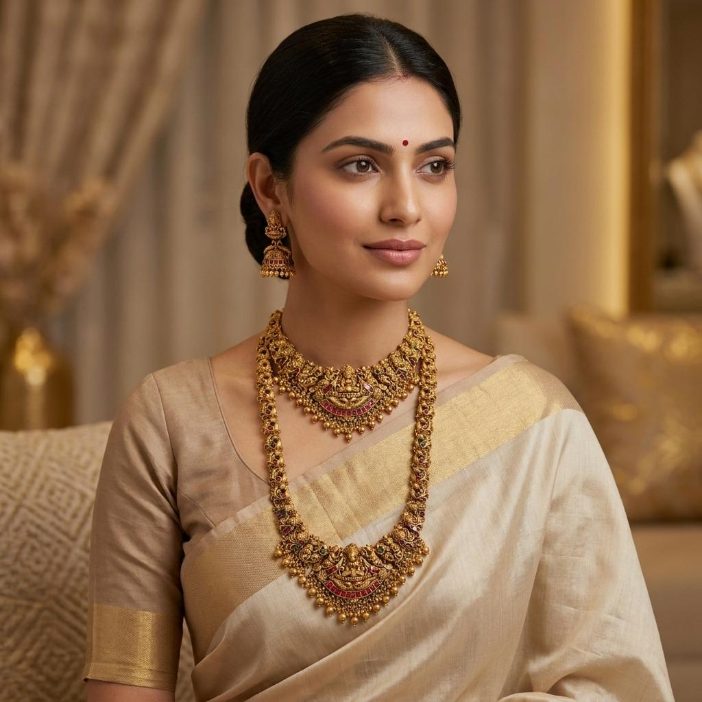 Lakshmi Ruby Temple Bridal Combo Set