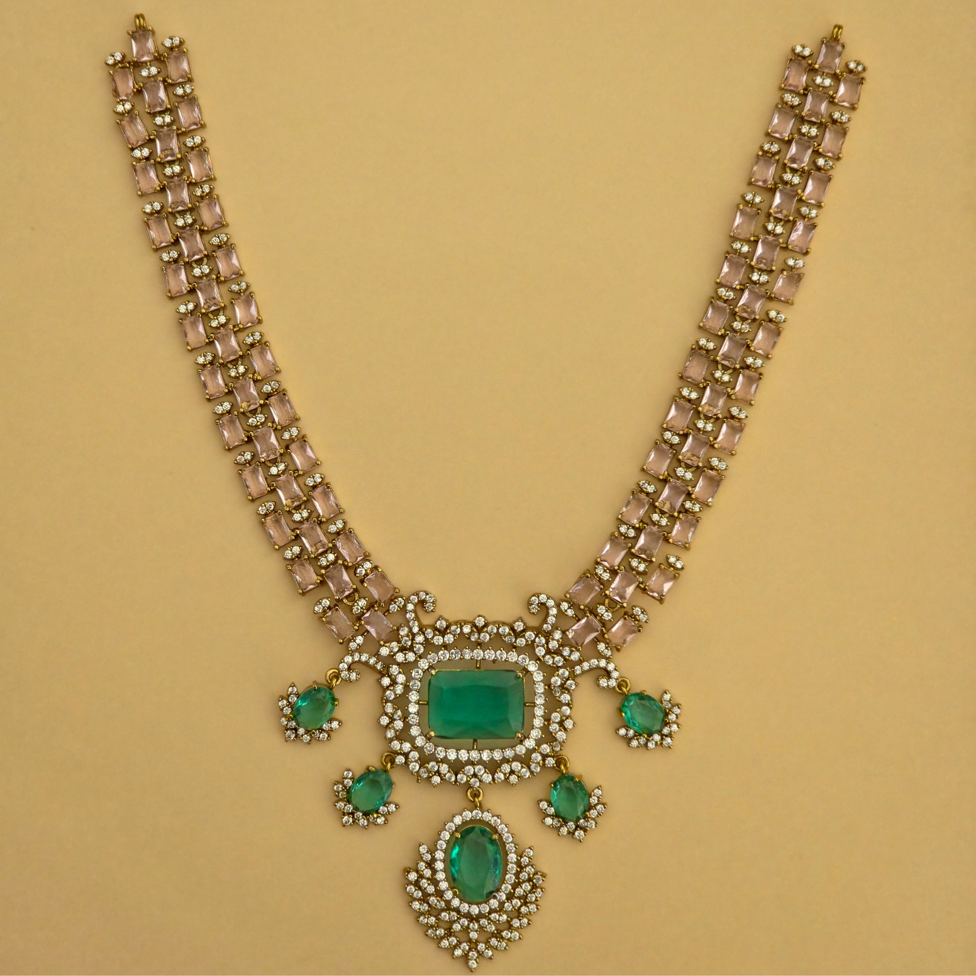 Pastel Blush Victorian CZ Diamond Necklace Set ( Pastel Pink and Aqua Blue )