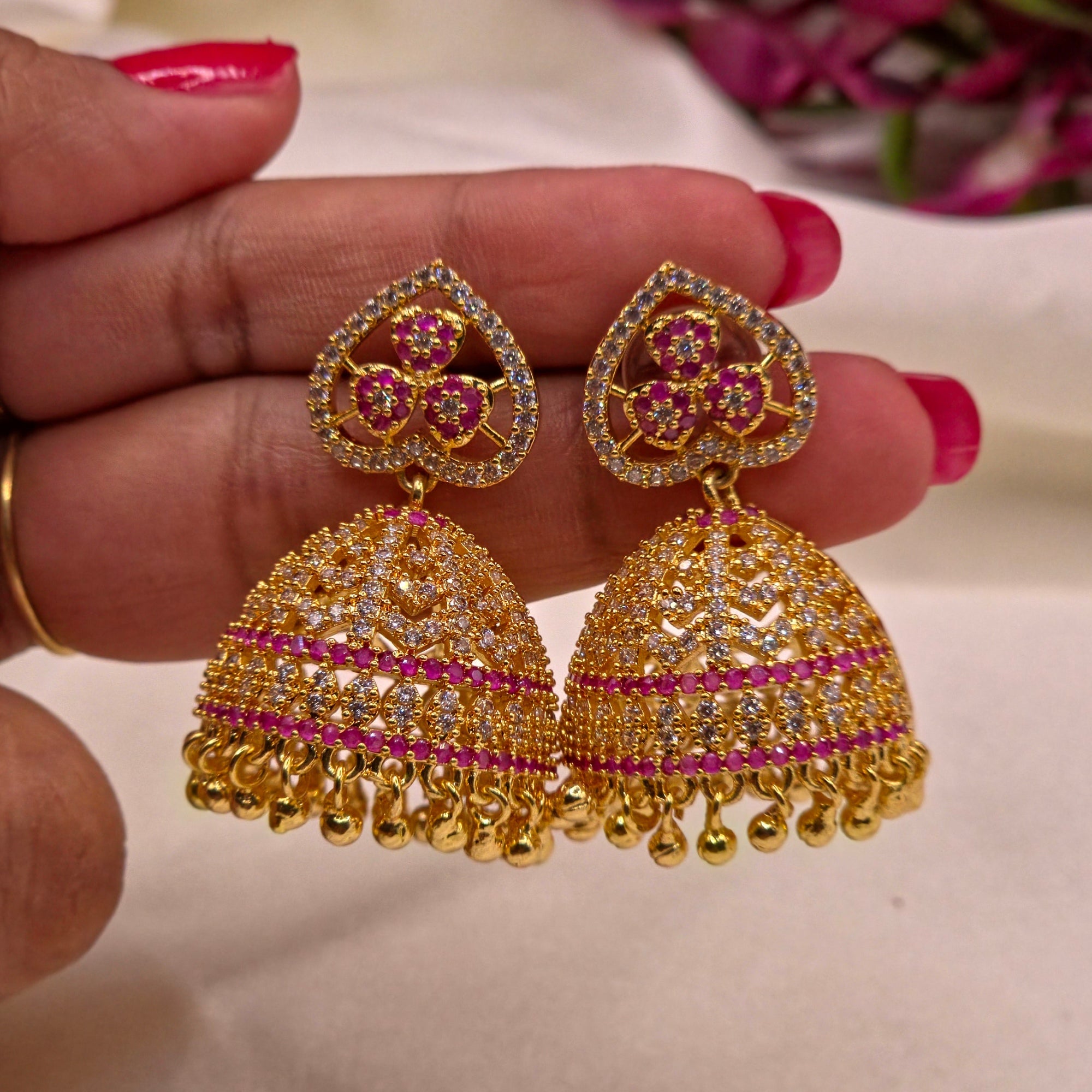 Ruby Heart Bloom CZ Jhumka Earrings