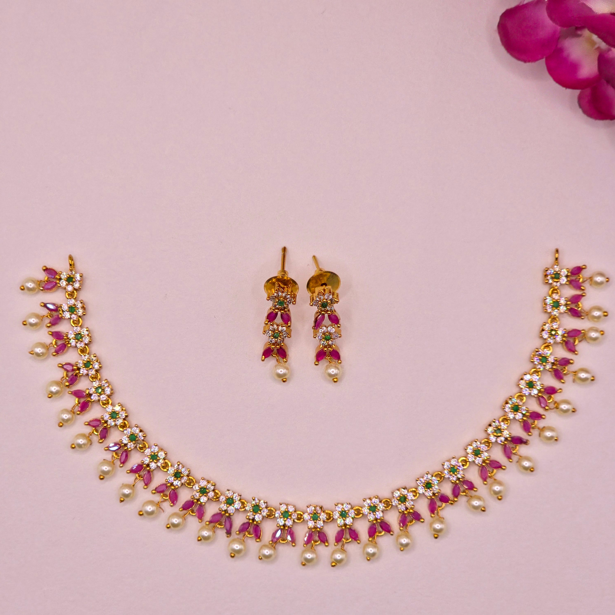 Ruby Pearl Floral Necklace Set