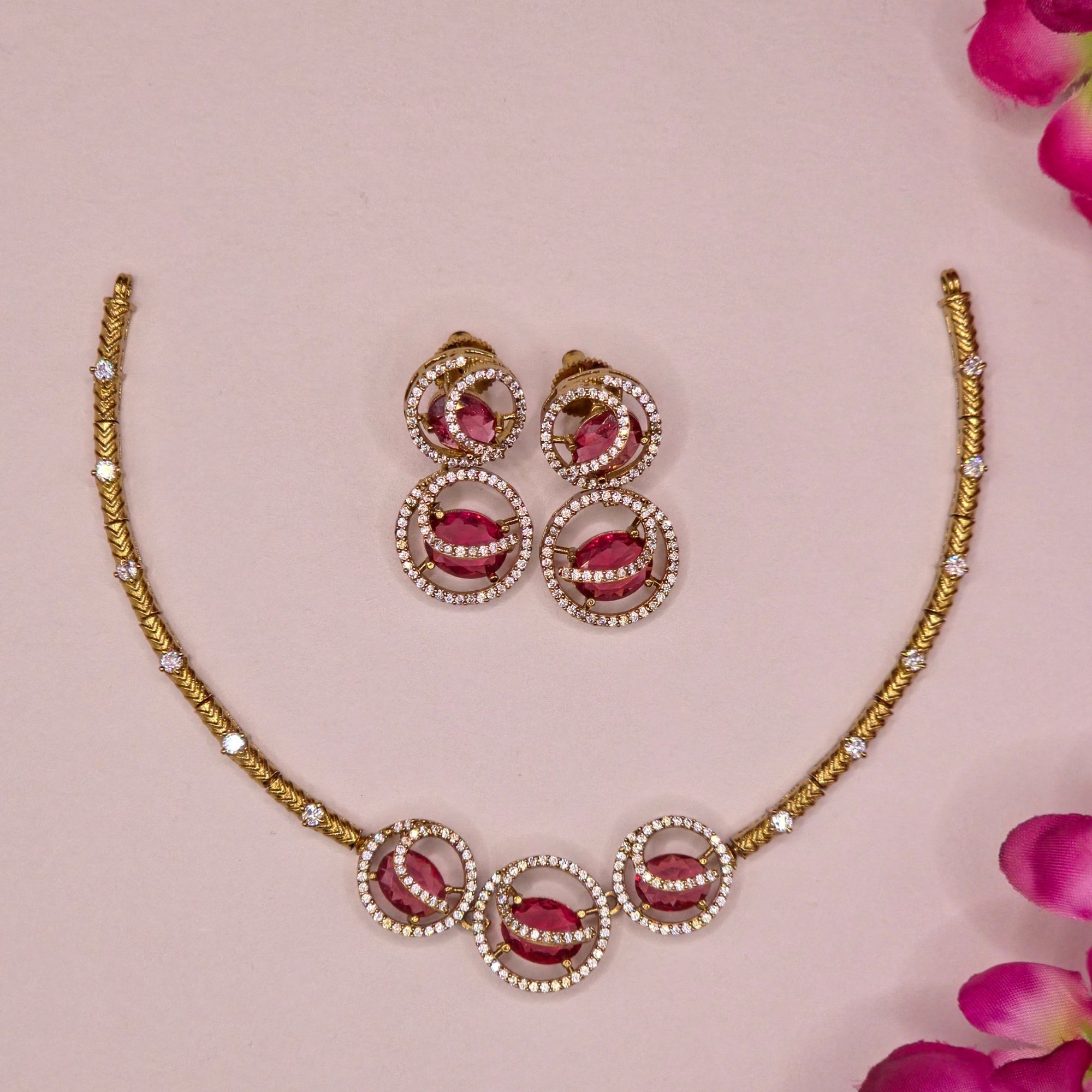 Ruby Pink Crystal Designer Necklace Set