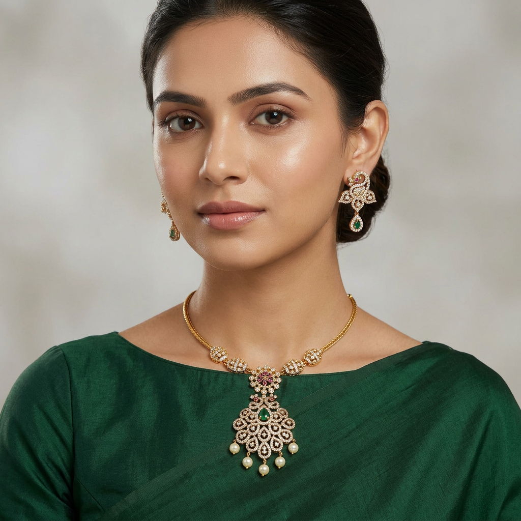 Emerald Peacock Diamond Necklace Set