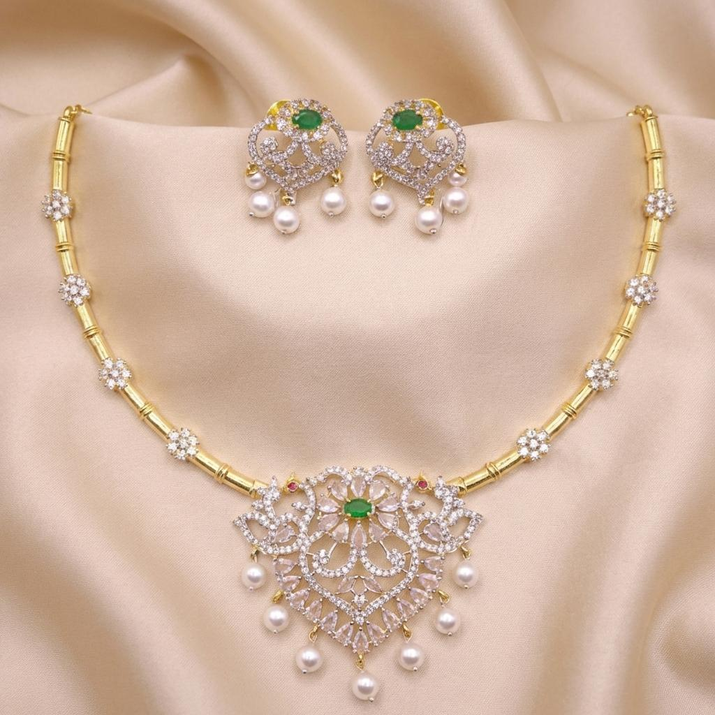 CZ Emerald Pearl Floral Necklace Set