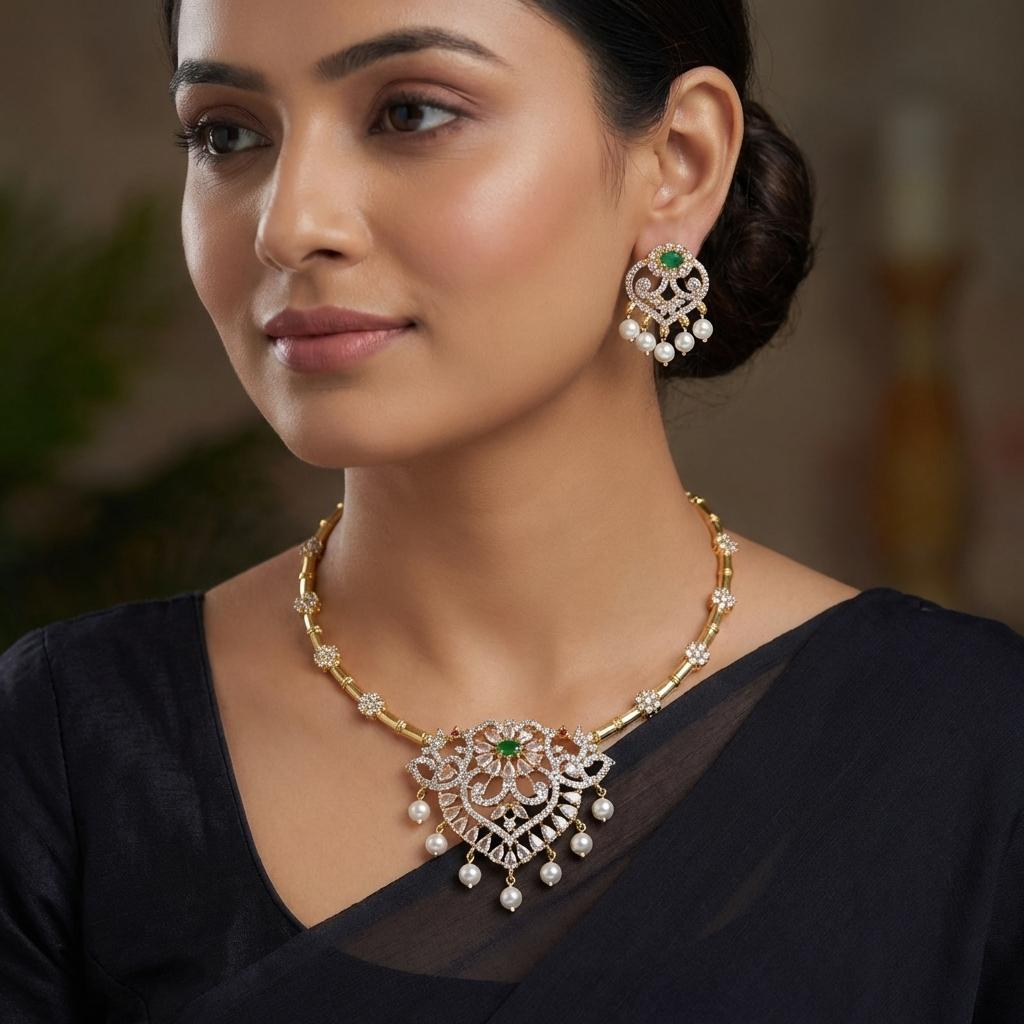 CZ Emerald Pearl Floral Necklace Set
