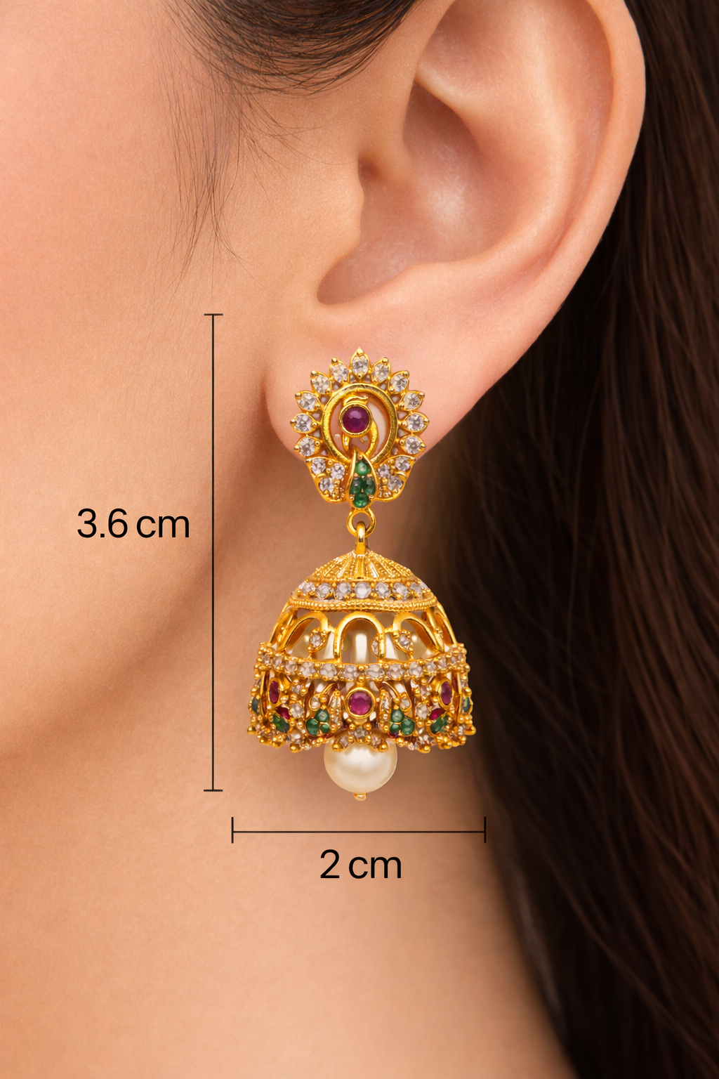 Peacock CZ Ruby Emerald Pearl Jhumka