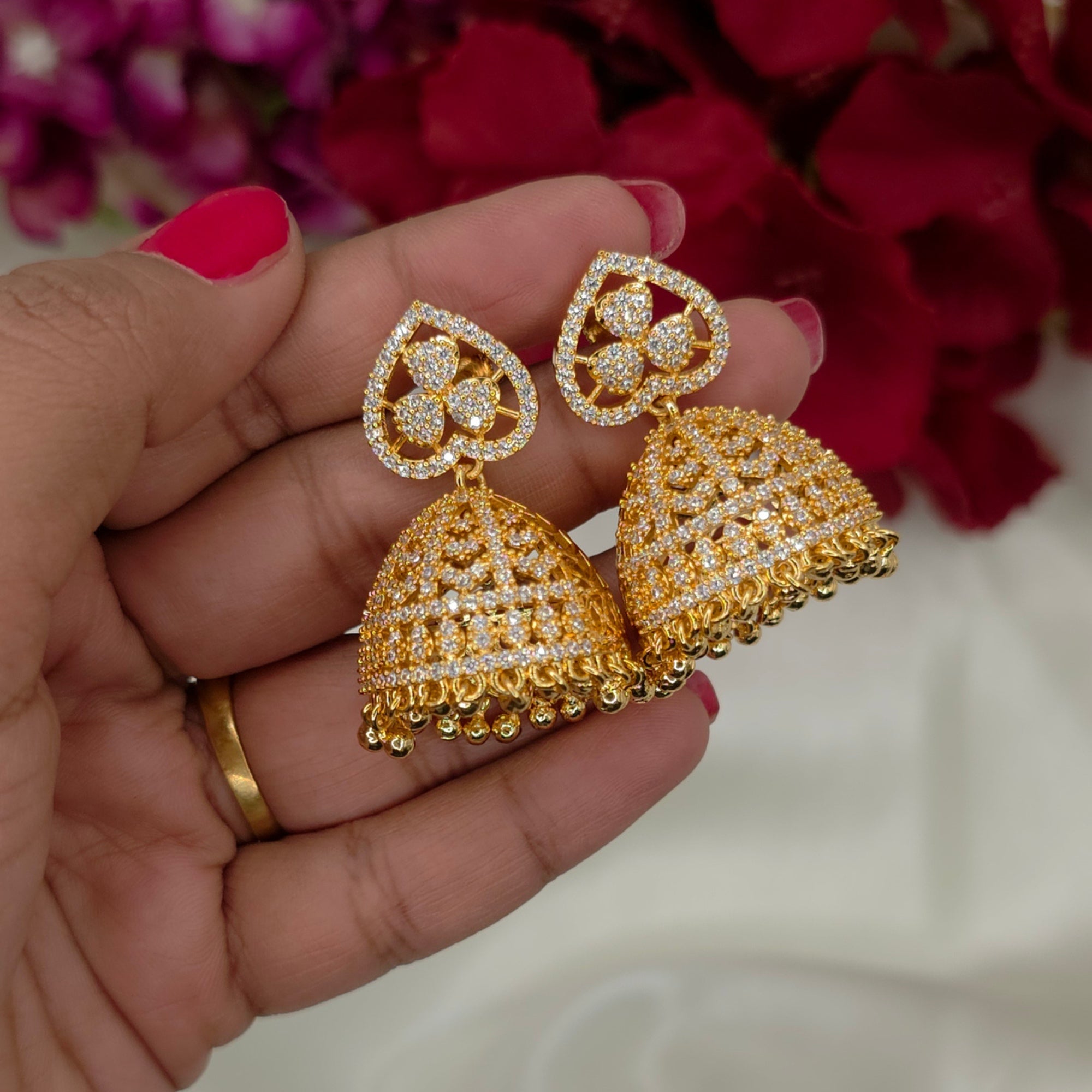 Floral Heart AD Jhumkas