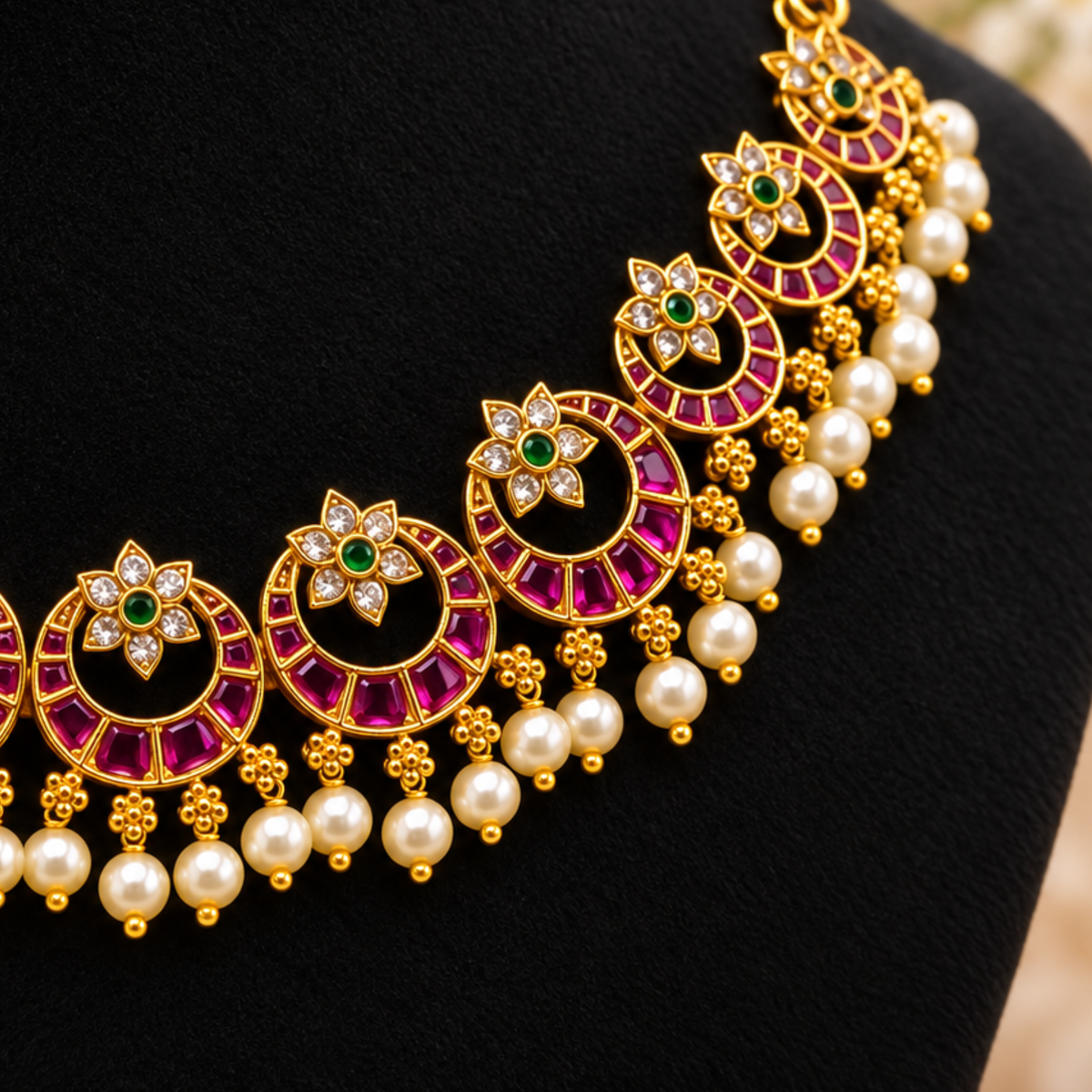Ruby Emerald Pearl Choker Set