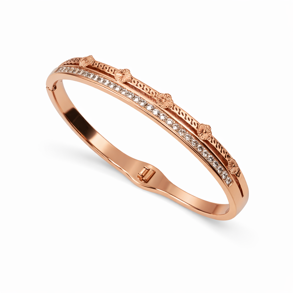 Floral Engraved Crystal Rose Gold Bracelet