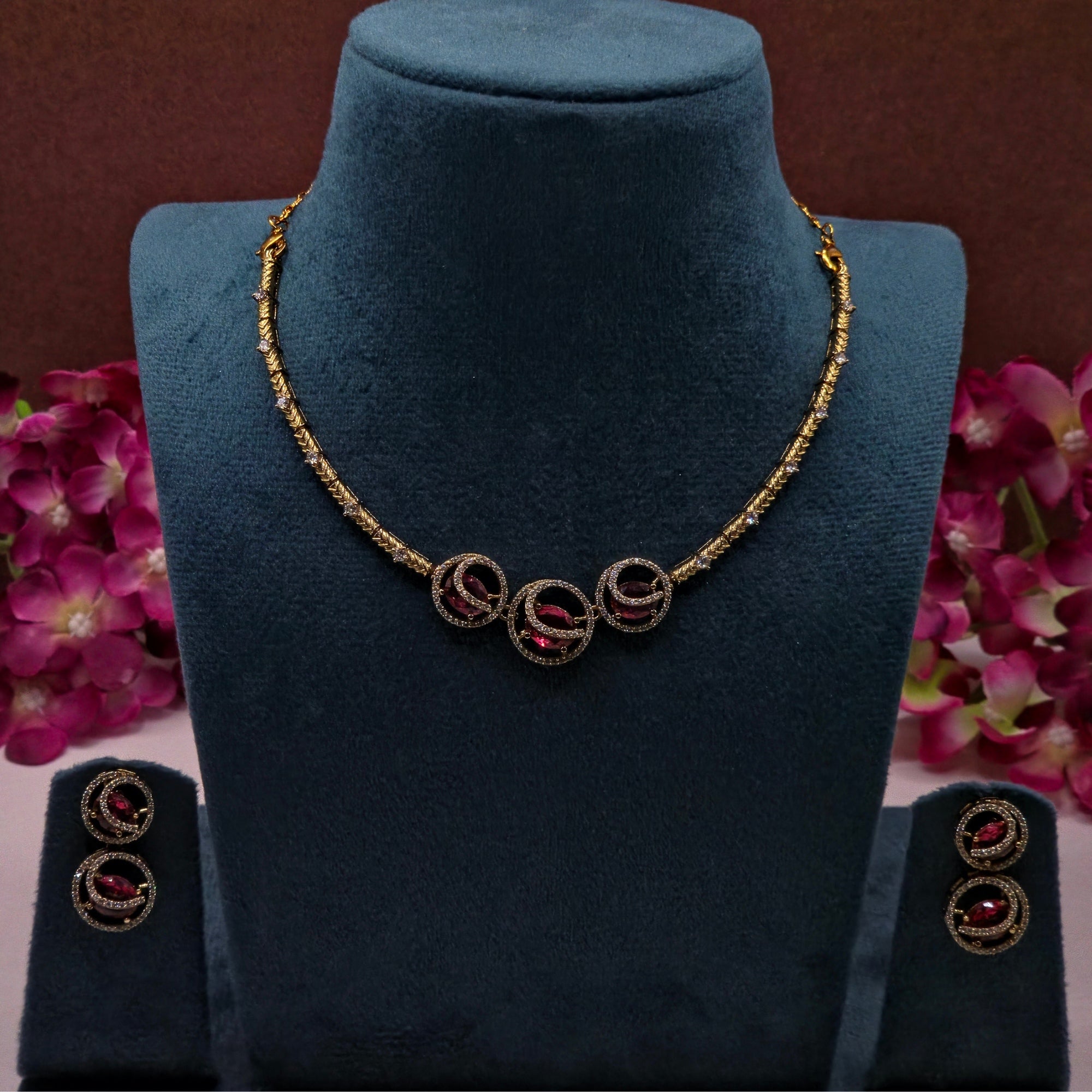 Ruby Pink Crystal Designer Necklace Set