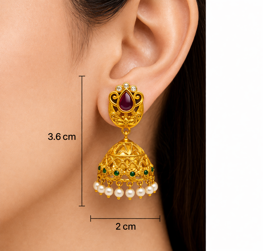 Pear Ruby CZ Filigree Pearl Jhumka