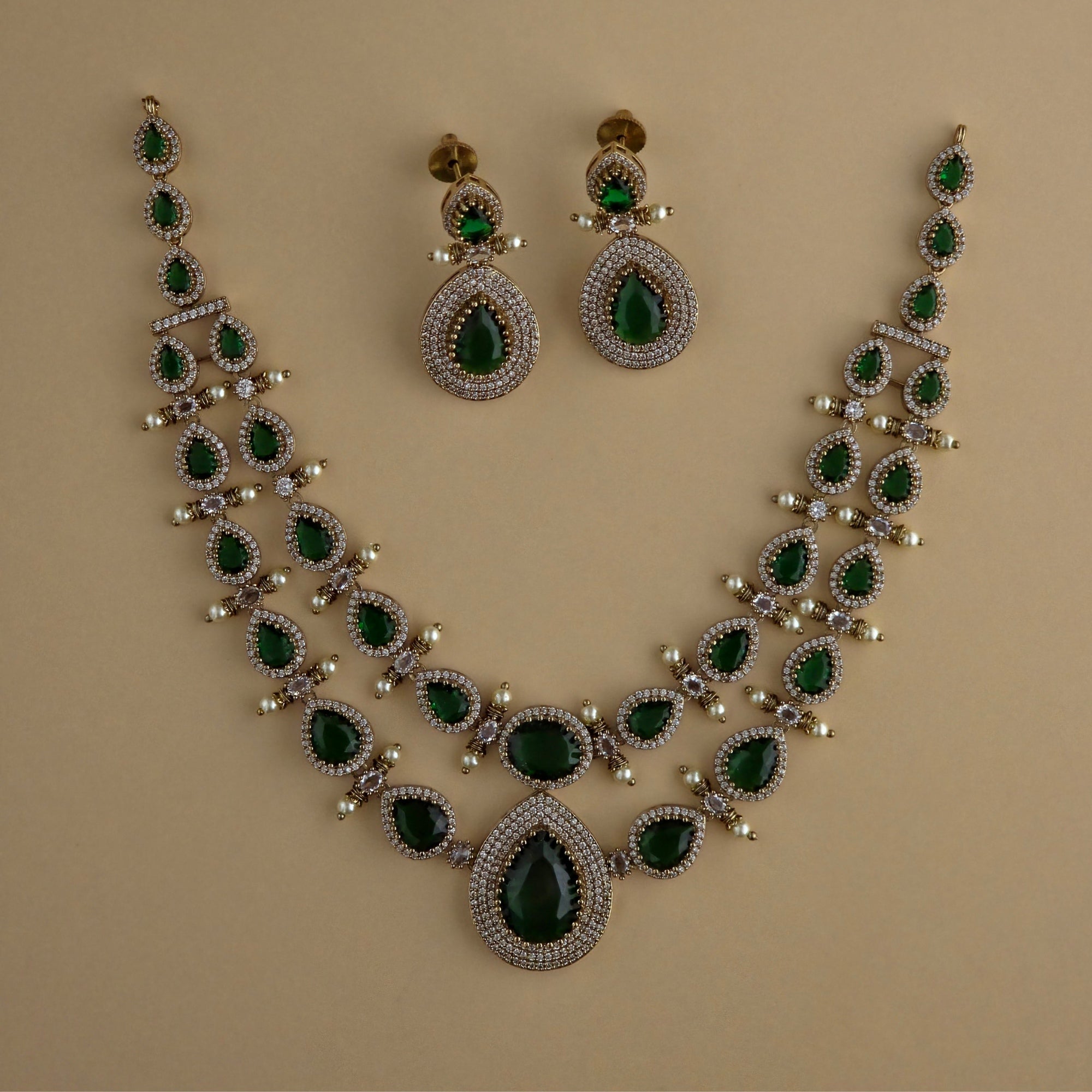 Royal Emerald Victorian AD Layered Necklace Set